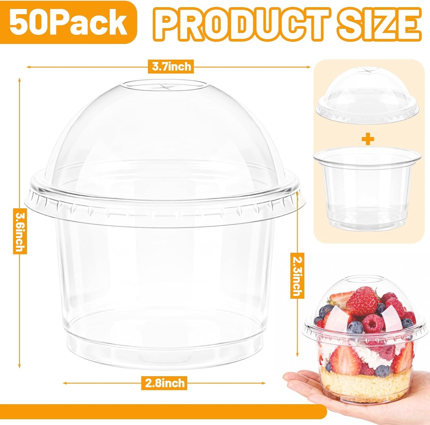 50 Sets 8oz Clear Plastic Cups with Dome Lids, Dessert Cups with Lids for Fruit, Parfait, Pudding, Yogurt, Ice Cream, Cake (Hole in the Lid)