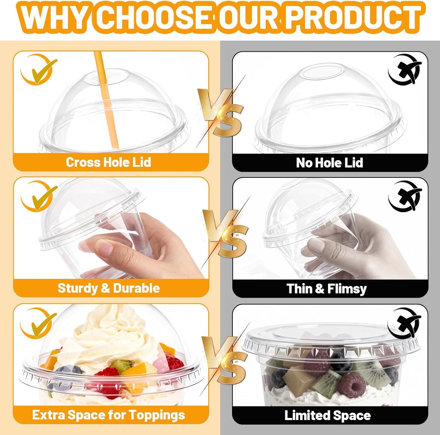 50 Sets 8oz Clear Plastic Cups with Dome Lids, Dessert Cups with Lids for Fruit, Parfait, Pudding, Yogurt, Ice Cream, Cake (Hole in the Lid)