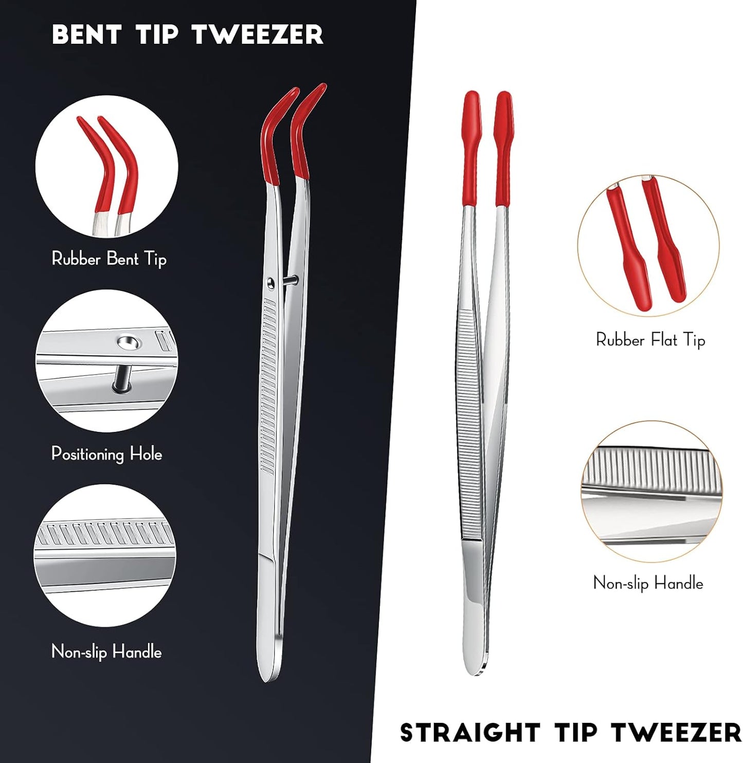 2 Piece Tweezers with Rubber Tips Set - Bent and Straight Flat Tips Tweezers PVC Coated for Stamp Coins Jewelry Crafts, Electronics(Silver, Red)