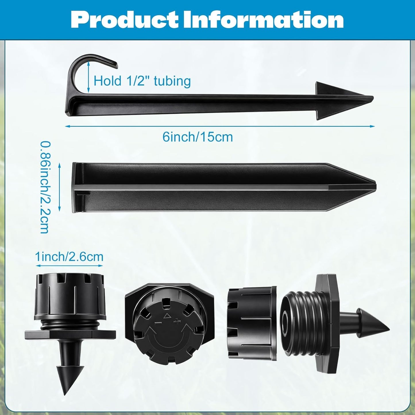 30 Pack 1/2 Inch Irrigation Tubing Hold Down Anchor Stakes, 0.87 x 4.33 Inch Drip Tubing Stakes with 50 Pcs 1/4" Adjustable Irrigation Drippers Sprinklers for Garden Patio Lawn Hoses(Black)