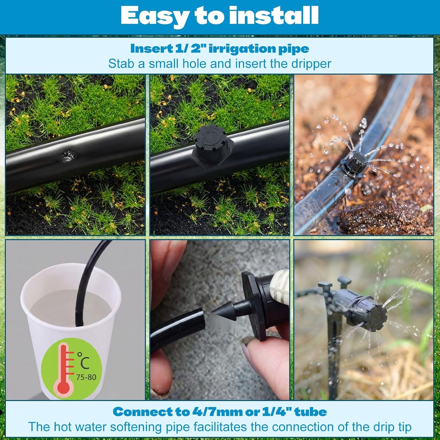 30 Pack 1/2 Inch Irrigation Tubing Hold Down Anchor Stakes, 0.87 x 4.33 Inch Drip Tubing Stakes with 50 Pcs 1/4" Adjustable Irrigation Drippers Sprinklers for Garden Patio Lawn Hoses(Black)