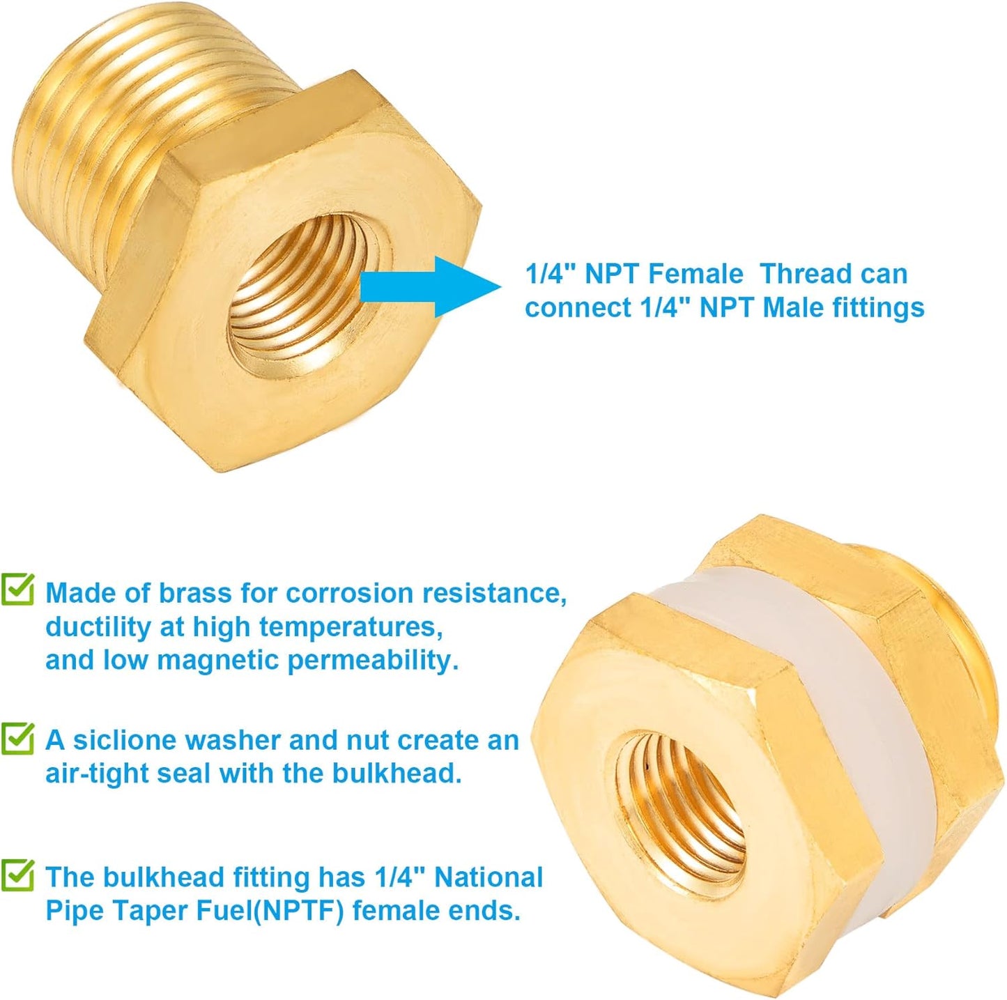 2Pack 1/4" Female NPT and 1/2" Male GHT Bulk Head Pipe Fitting Bulkhead Tank Fitting Coupler Coupling With 4 Silicone gasket