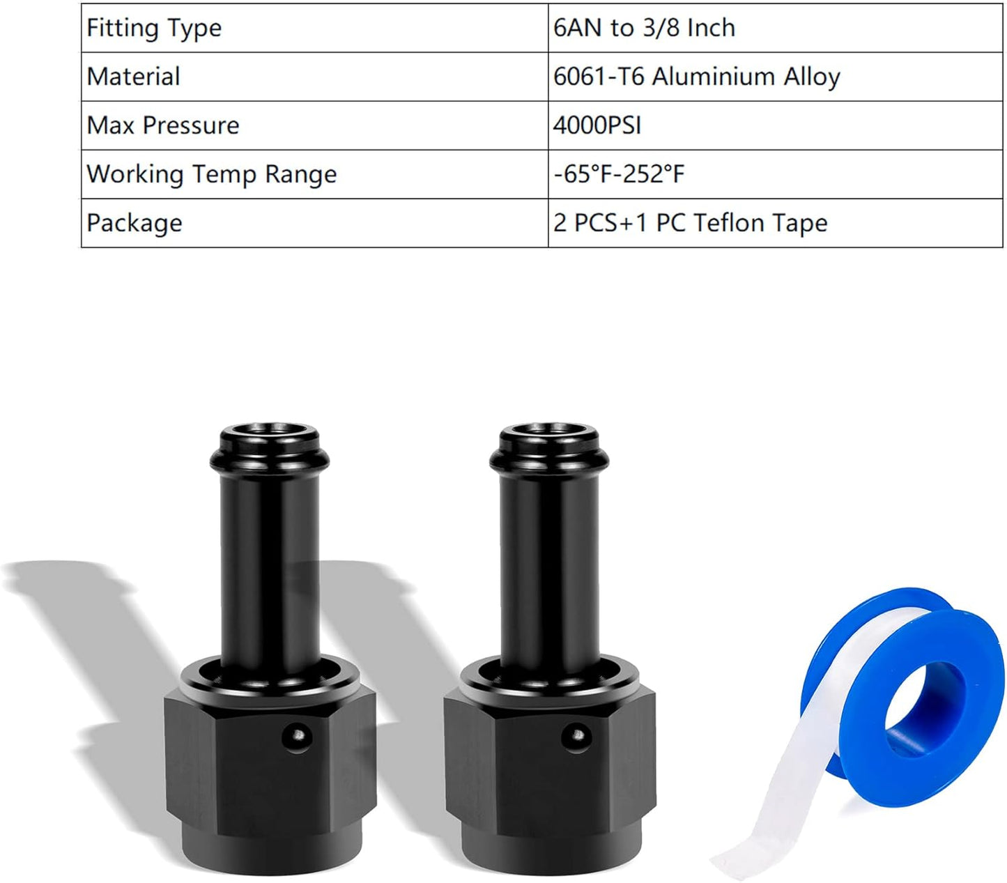6AN Female to 3/8 Barb Fitting Adapter Straight Swivel Aluminum, Adapters Straight Black Anodized 2PCS