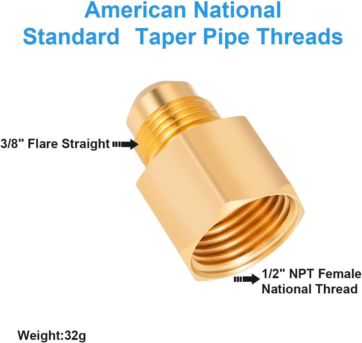 2PCS Flare Brass Tube Fitting, Coupling Gas Adapter 3/8" Flare x 1/2" Female NPT Pipe