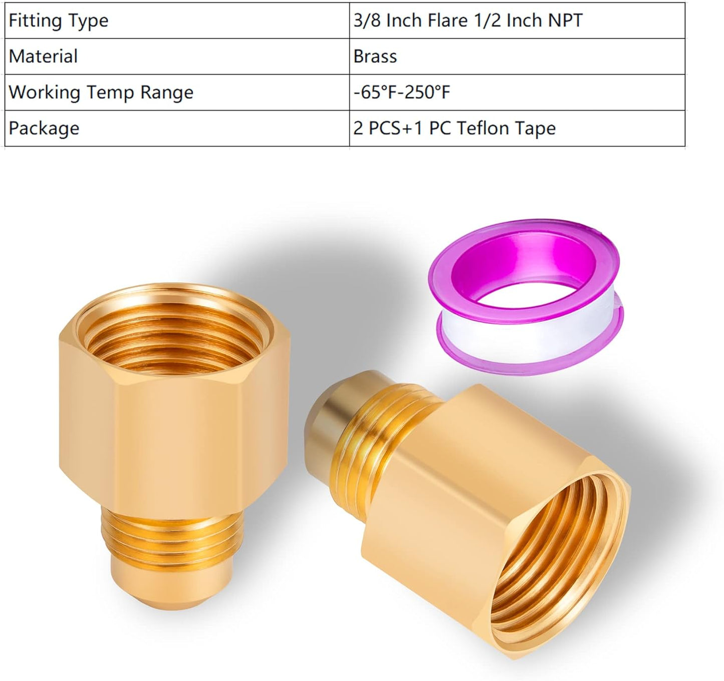 2PCS Flare Brass Tube Fitting, Coupling Gas Adapter 3/8" Flare x 1/2" Female NPT Pipe