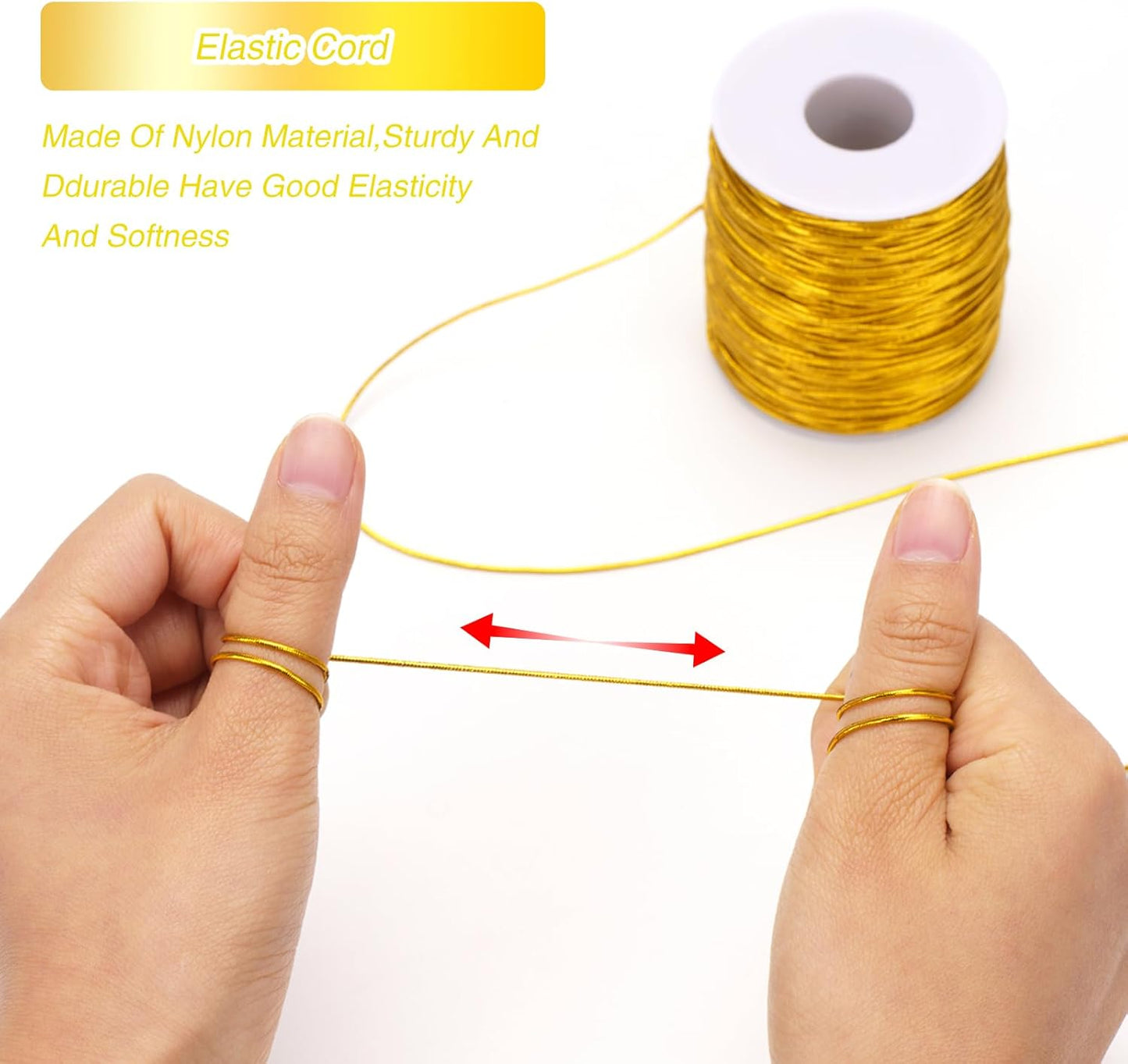 110Yard Gold Elastic Cord - 1MM Gold Elastic String Metallic Tinsel Stretch Cord Elastic Ribbon Braiding Rope for Ornament Craft Hair Gift Wrapping Hang Jewelry Making Bracelet Christmas Decor