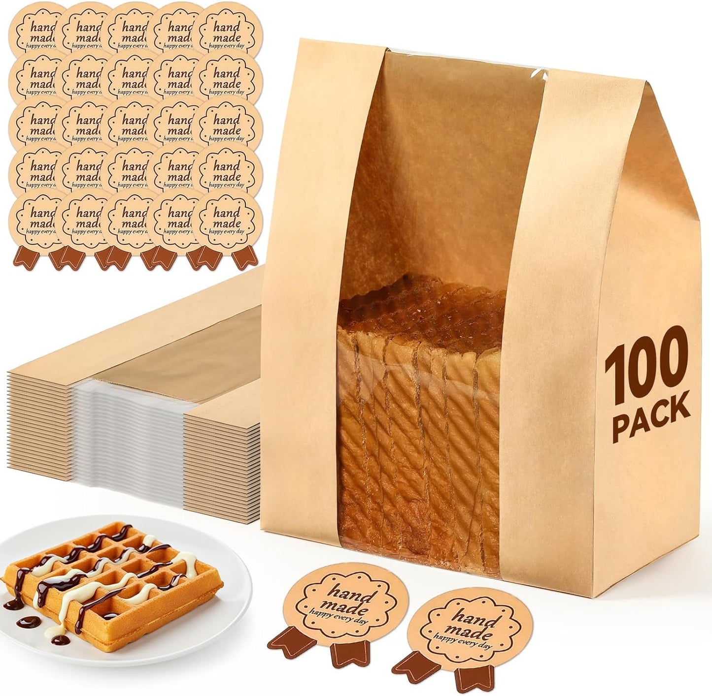 100 Pack Paper Bread Bags for Homemade, Bread Bags with Window for Sourdough Bread Storage, 13.7x8.3x3.5 Inch, Includes Seal Stickers