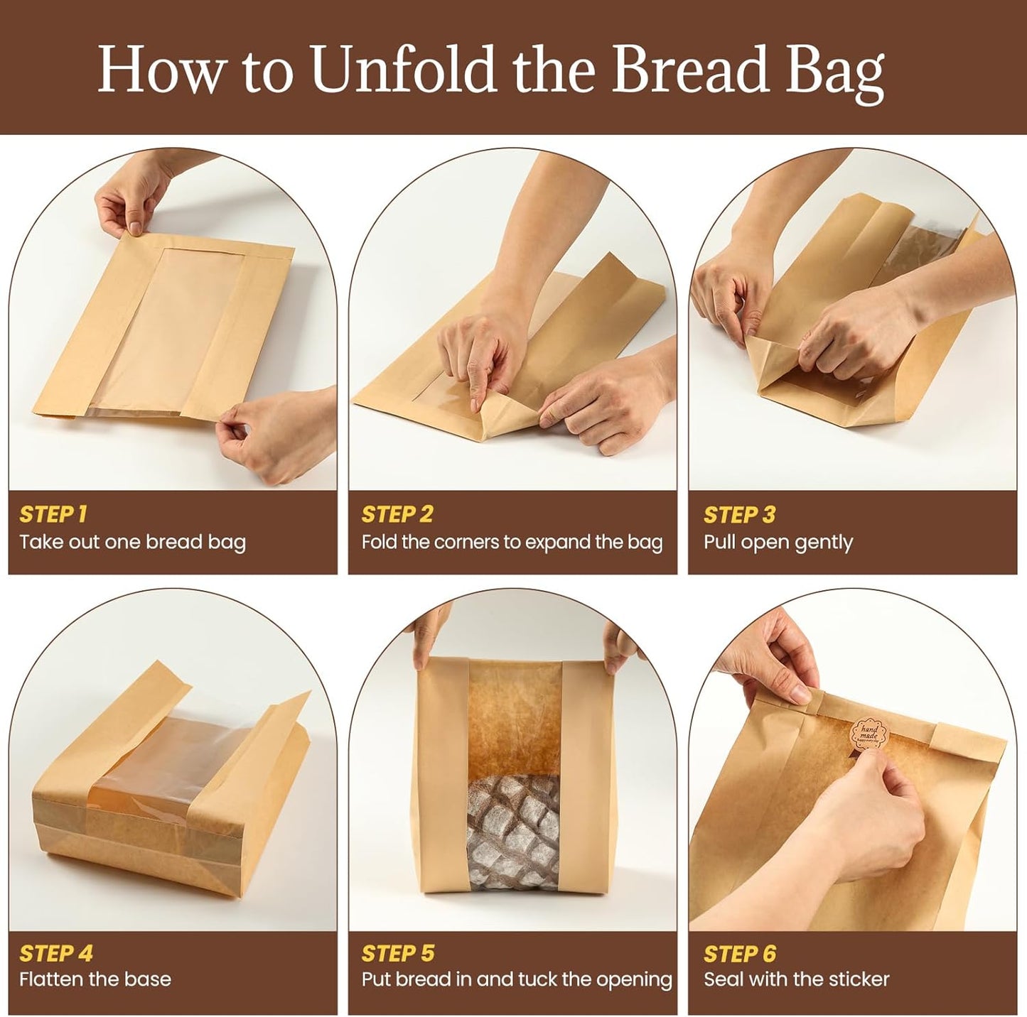 100 Pack Paper Bread Bags for Homemade, Bread Bags with Window for Sourdough Bread Storage, 13.7x8.3x3.5 Inch, Includes Seal Stickers