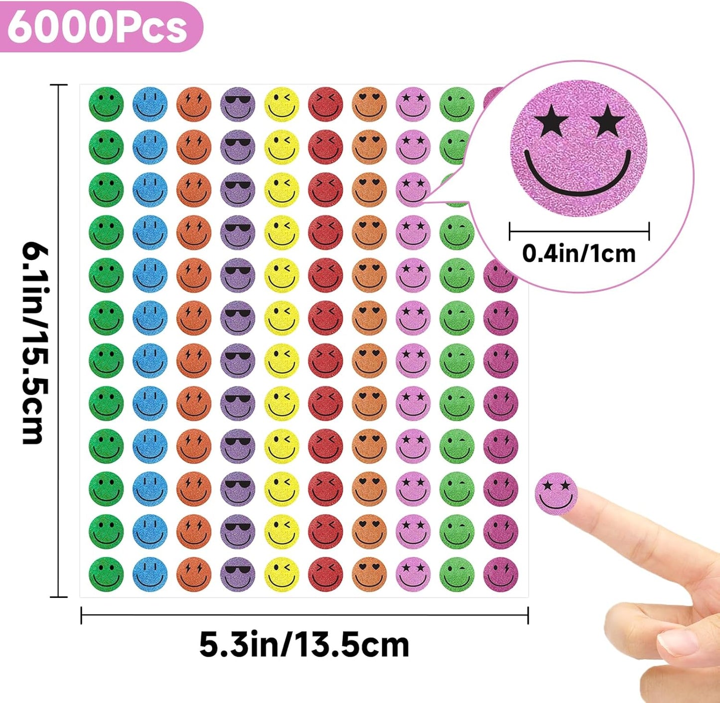 6000Pcs Smiley Face Stickers - 3/8'' Holographic Happy Face Stickers Cute Reward Sticker for Kids Classroom Self Adhesive Positive Incentive Sticker for Teacher Calendar One Happy Dude Birthday
