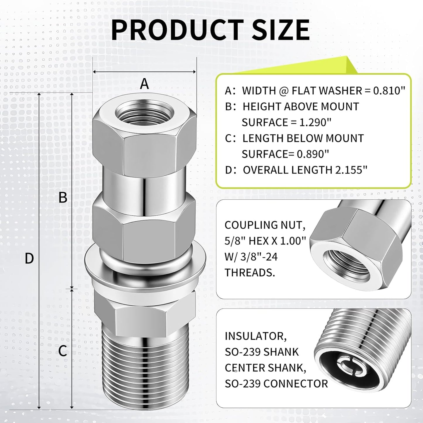 Cb Radio Antenna Heavy Duty So-239 Stud Mount Cb Antenna Standard 3/8 x 24 Threaded Stud Mount Adapter Accessories for Any 1/2" Hole