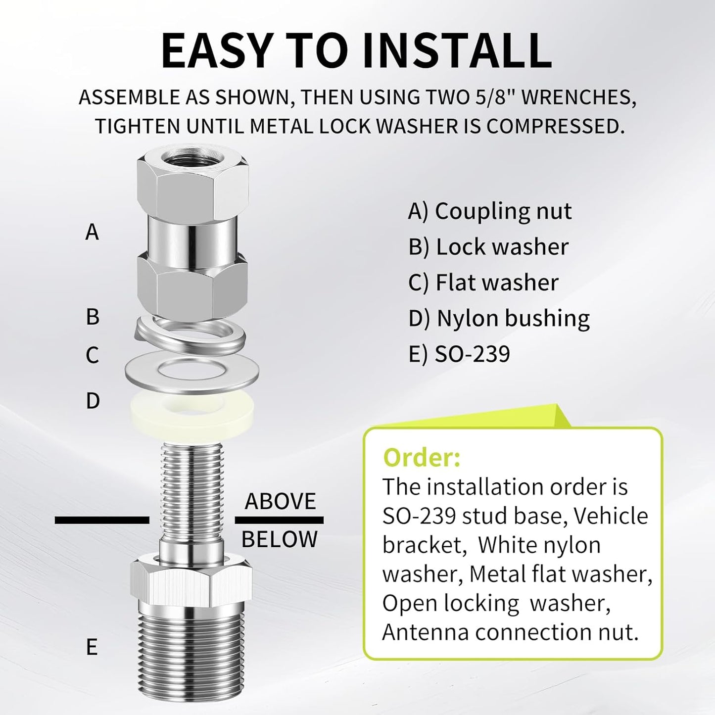 Cb Radio Antenna Heavy Duty So-239 Stud Mount Cb Antenna Standard 3/8 x 24 Threaded Stud Mount Adapter Accessories for Any 1/2" Hole