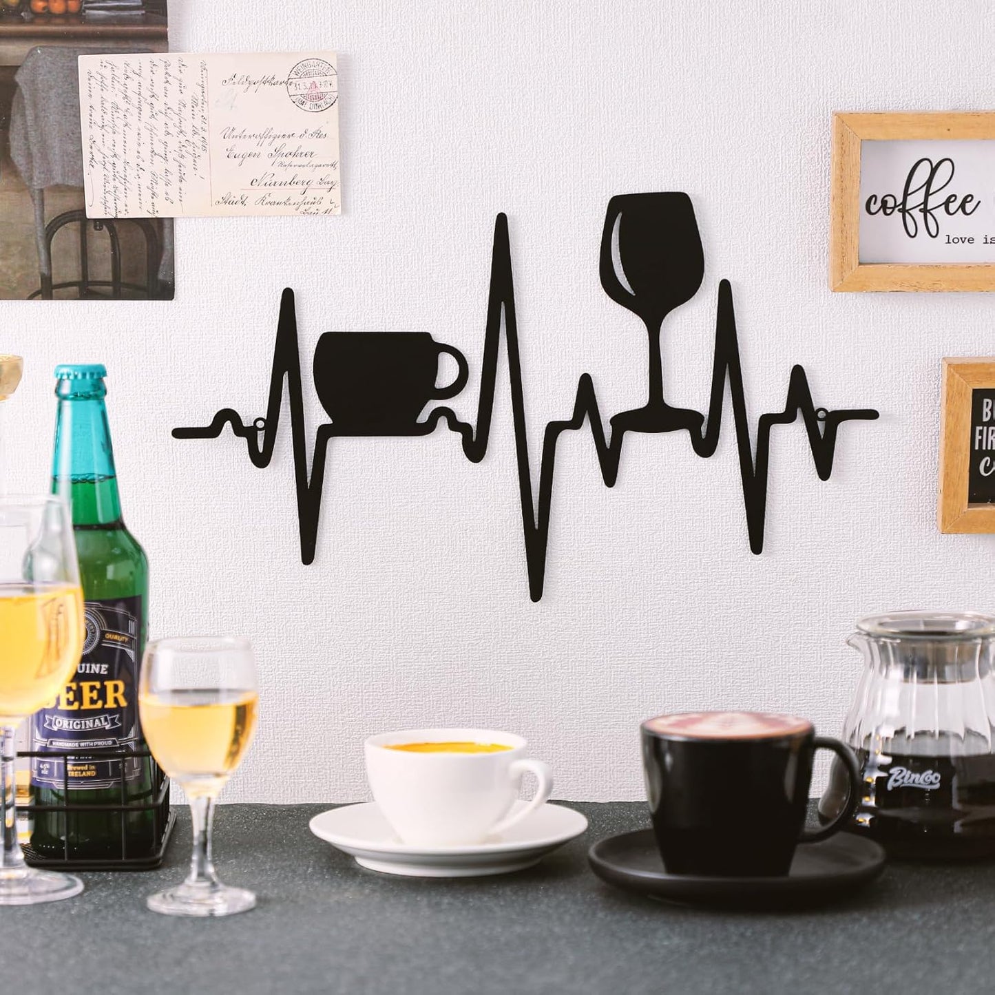 Heartbeat Coffee and Wine Bar Sign 15.75 x 9.04 Inch Rustic Black Metal Wine Art Wall Decor Wall Hanging for Farmhouse Kitchen Home Bar Cafe Decor