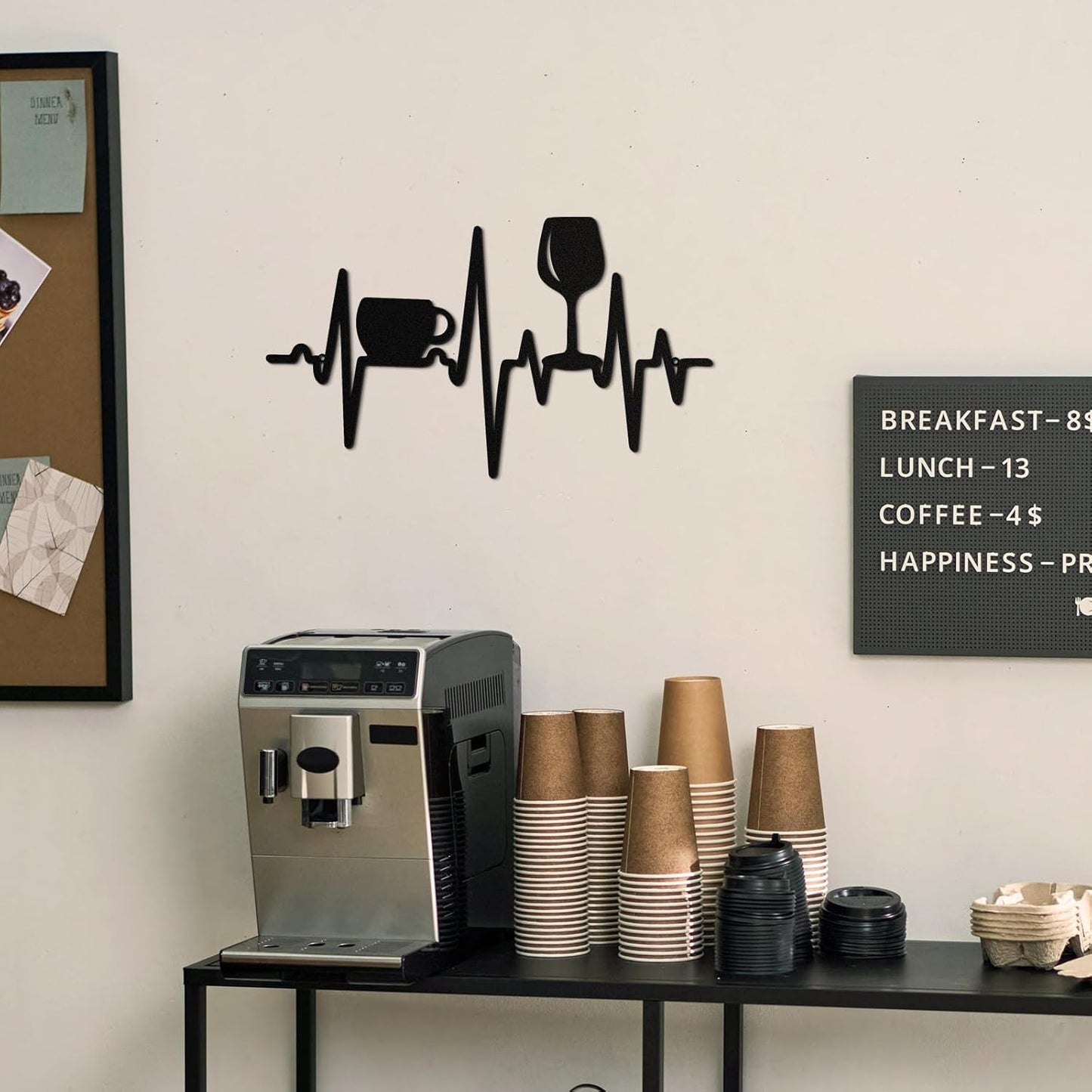 Heartbeat Coffee and Wine Bar Sign 15.75 x 9.04 Inch Rustic Black Metal Wine Art Wall Decor Wall Hanging for Farmhouse Kitchen Home Bar Cafe Decor