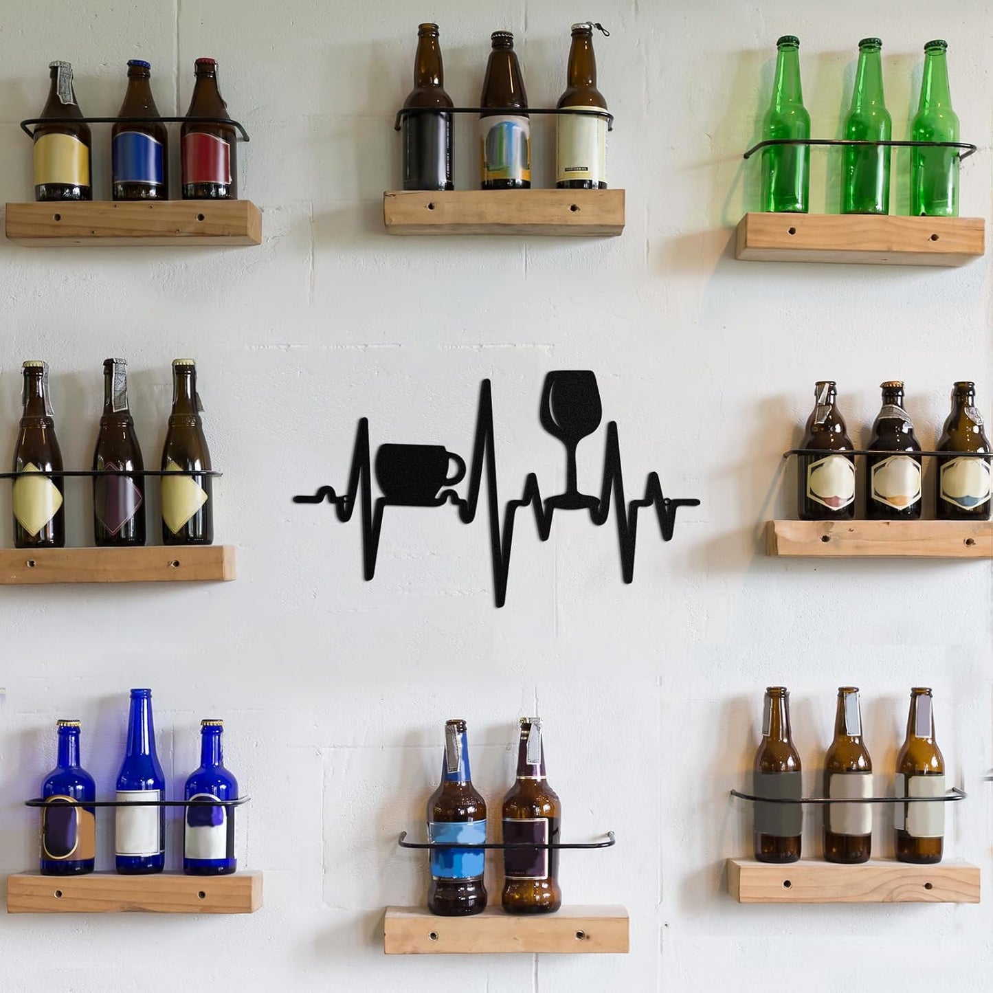 Heartbeat Coffee and Wine Bar Sign 15.75 x 9.04 Inch Rustic Black Metal Wine Art Wall Decor Wall Hanging for Farmhouse Kitchen Home Bar Cafe Decor