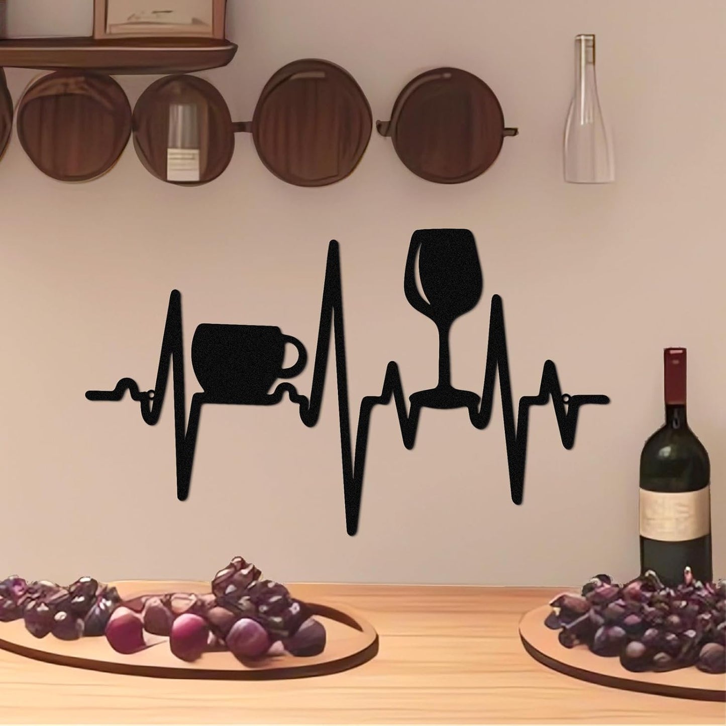 Heartbeat Coffee and Wine Bar Sign 15.75 x 9.04 Inch Rustic Black Metal Wine Art Wall Decor Wall Hanging for Farmhouse Kitchen Home Bar Cafe Decor