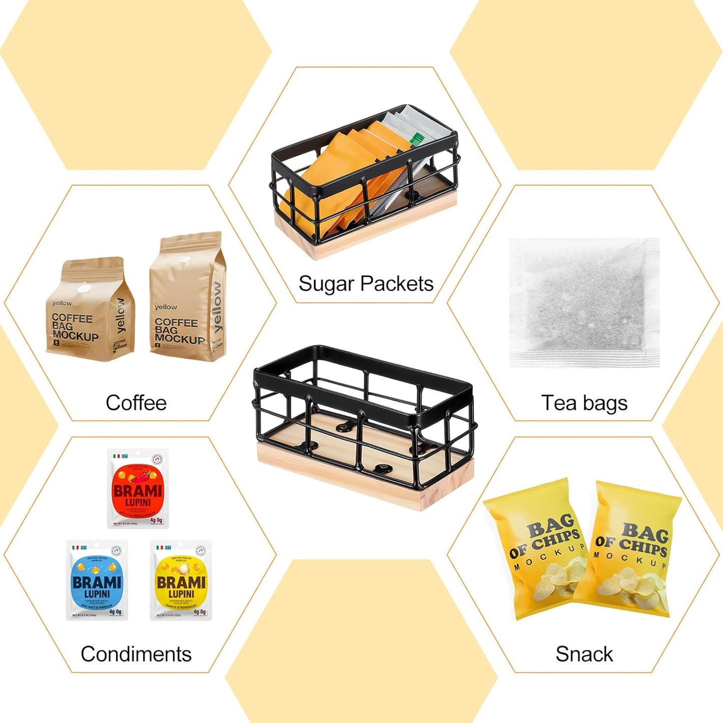Sugar Packet Basket Iron Sugar Organizer with Wooden Base Small Caddy Iron Organizer Coffee Creamer Holder Tea Bag Caddy Holder for Coffee Bar Kitchen Home (1 Set)