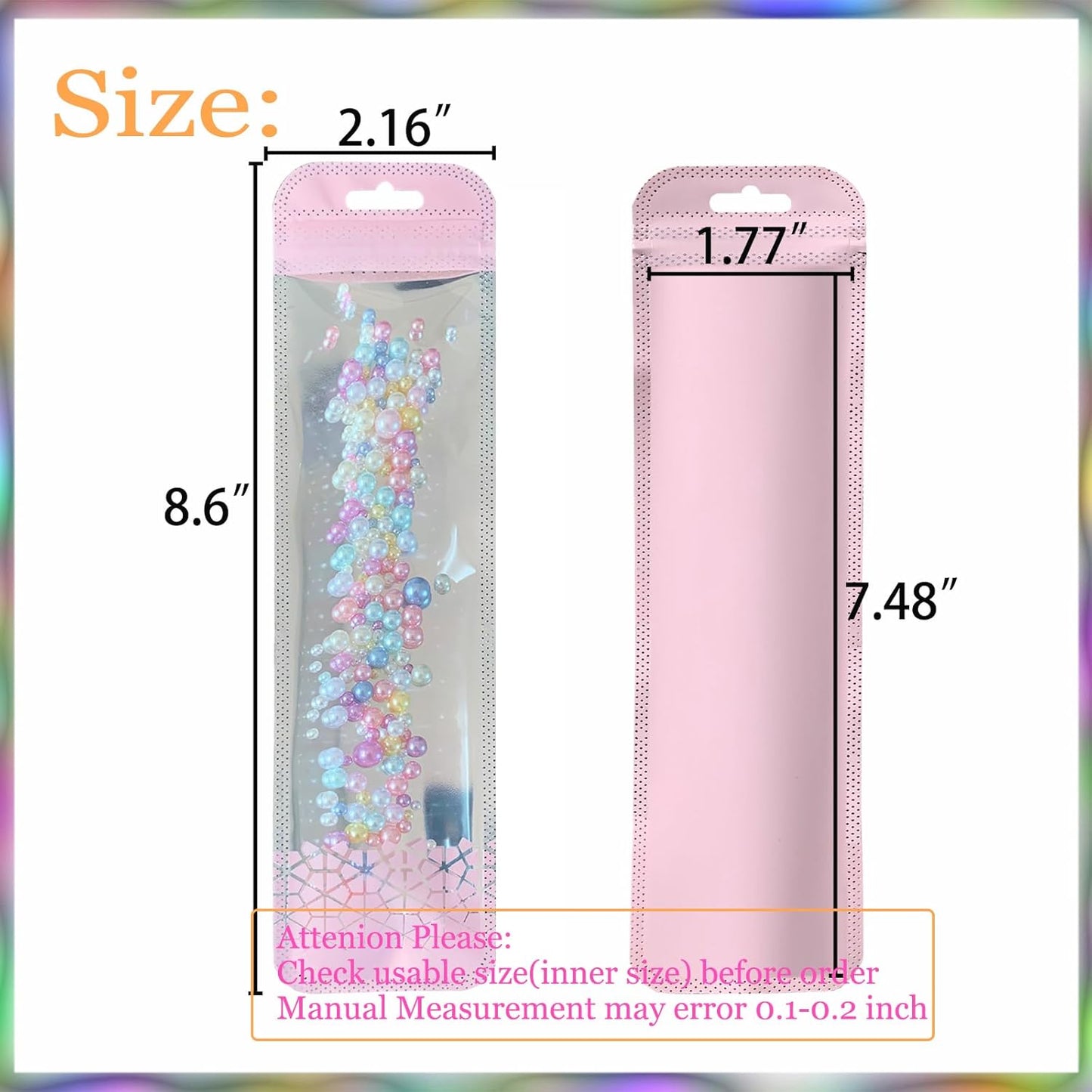 100 Pack Holographic Pen Bags Clear Resealable Bags,Resealable Zipper Pouch Bead Packaging for Pen,Jewelry,Brushes，Lipgloss Small Business 2.16x8.6inch