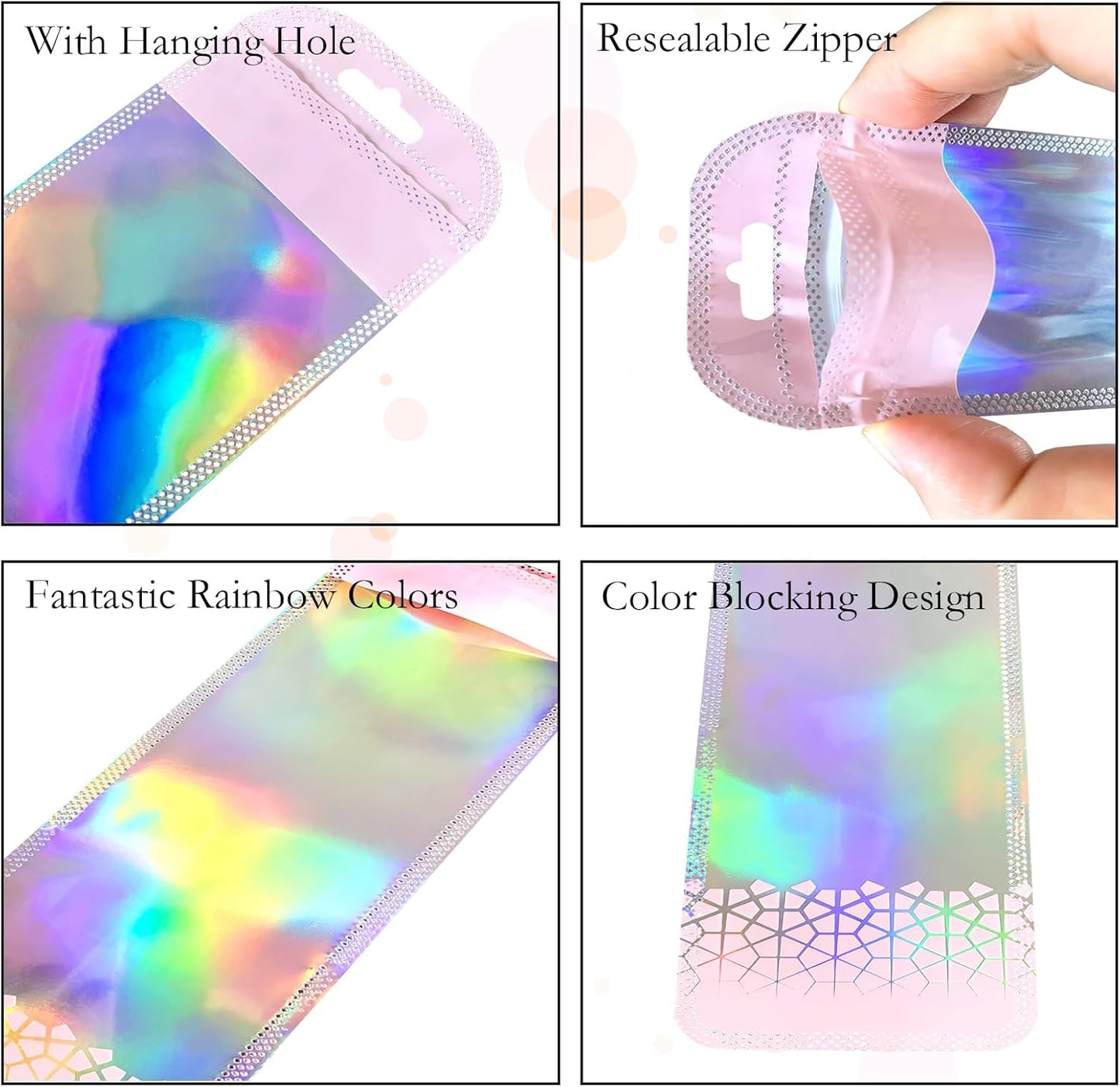 100 PCS Clear Beadable Pen Packaging Bags Resealable Zipper Holographic Beaded Bags for Small Bussniss Packaging for Jewelry 2.75x8.66"