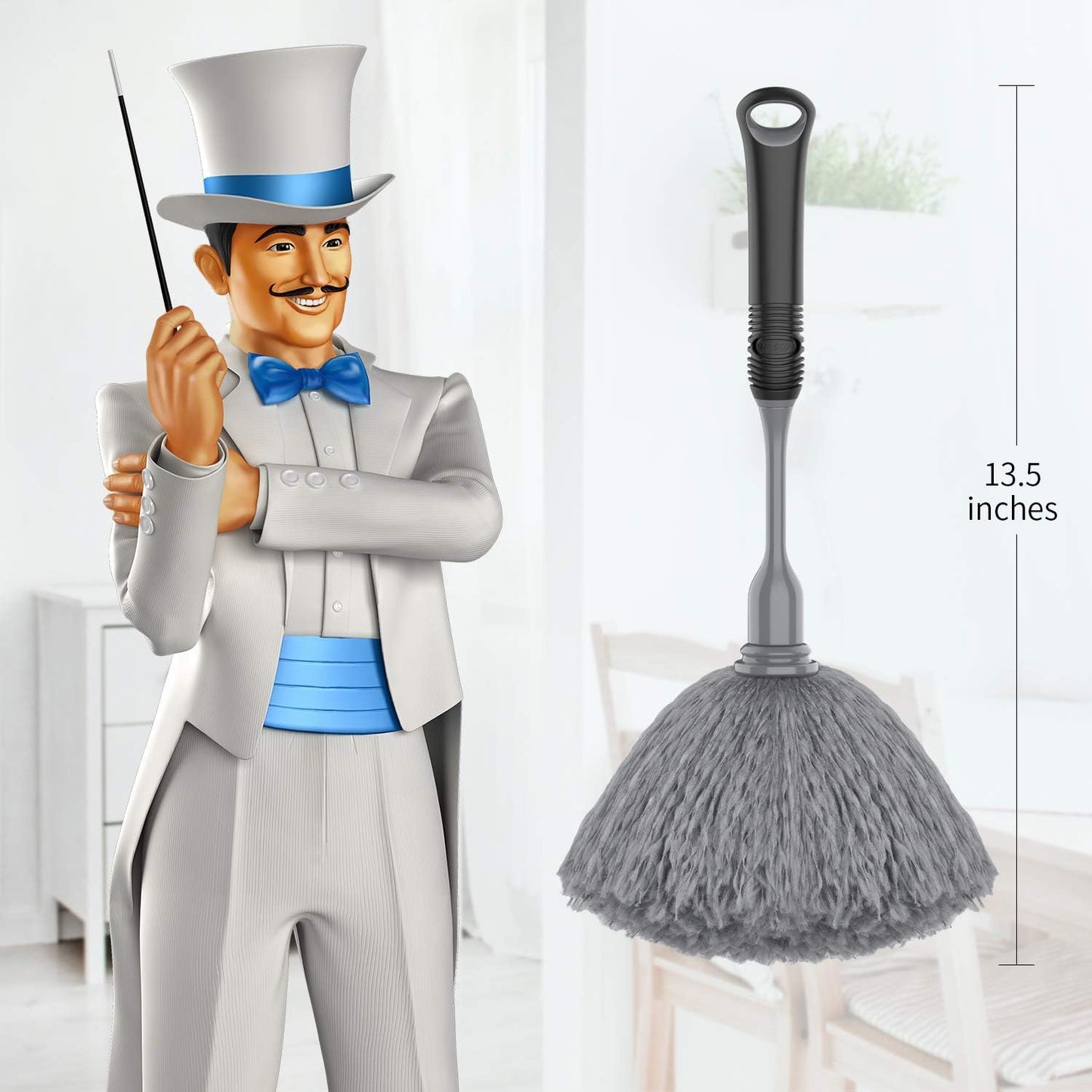 Microfiber Delicate Duster, Comfortable Non Slip Handle, Detachable Washable Duster Head, Gray & Black