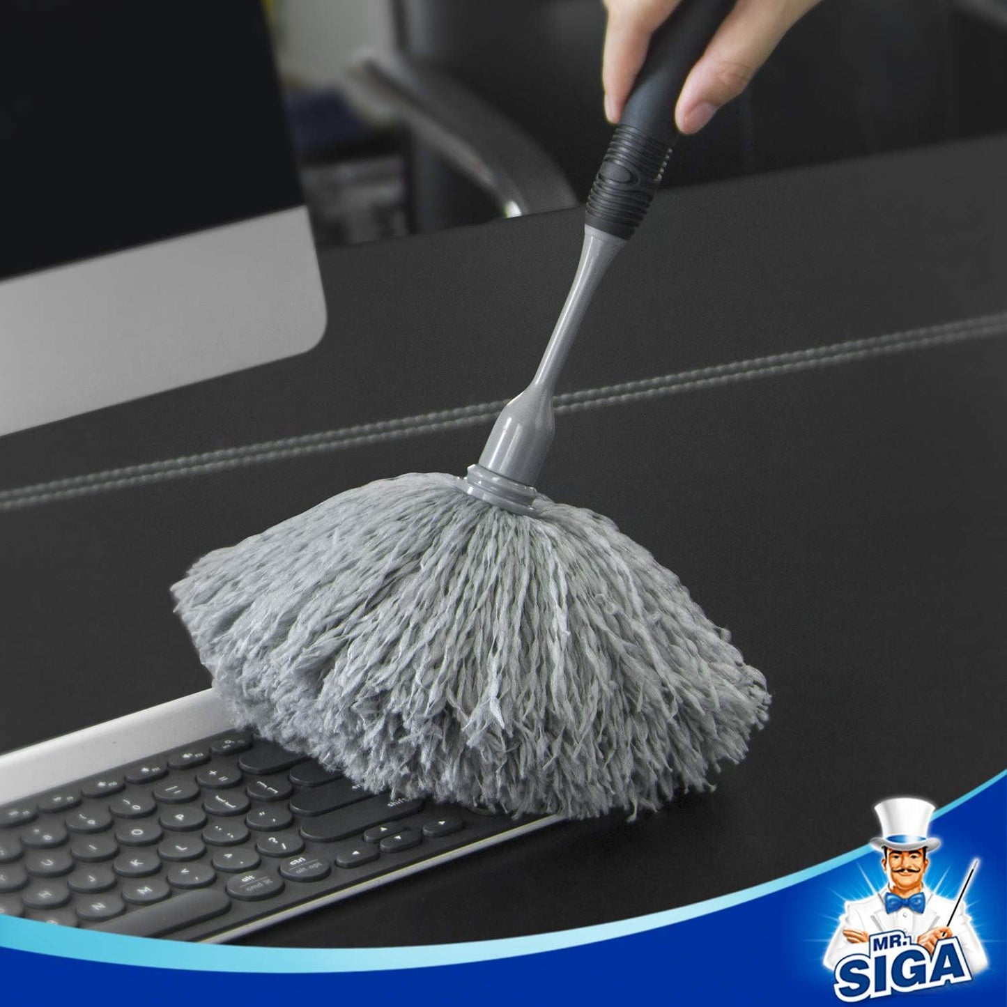 Microfiber Delicate Duster, Comfortable Non Slip Handle, Detachable Washable Duster Head, Gray & Black