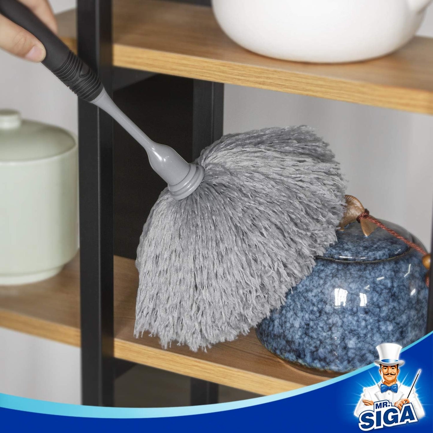 Microfiber Delicate Duster, Comfortable Non Slip Handle, Detachable Washable Duster Head, Gray & Black