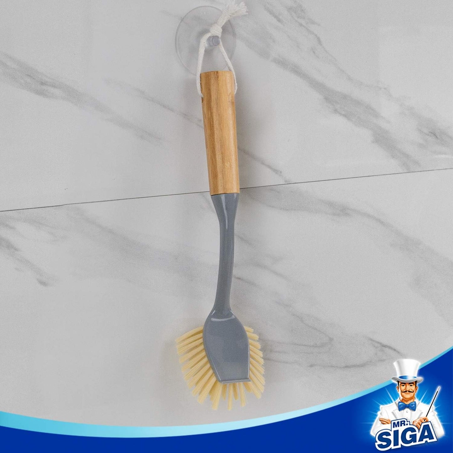 Dish Brush with Long Bamboo Handle Built-in Scraper, Scrub Brush for Pans, Pots, Kitchen Sink Cleaning, Pack of 2