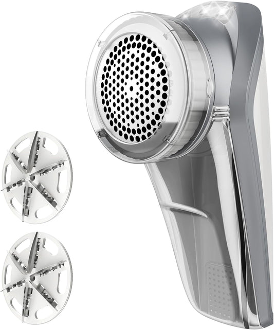 Fabric Shaver and Lint Remover, Battery Operated Portable Lint Shaver with LED Lights, 2 Replaceable 6-Leaf Blades, Cream/Gray
