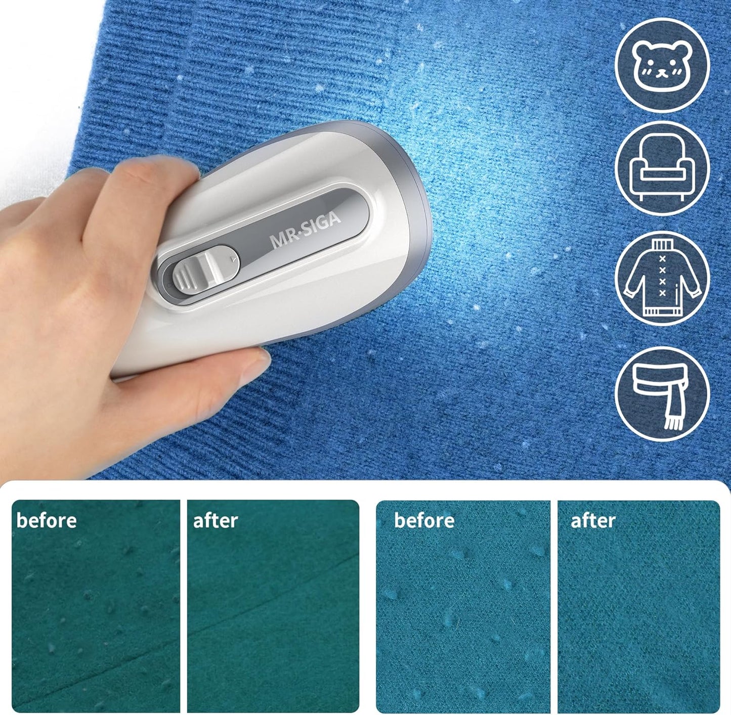 Fabric Shaver and Lint Remover, Battery Operated Portable Lint Shaver with LED Lights, 2 Replaceable 6-Leaf Blades, Cream/Gray