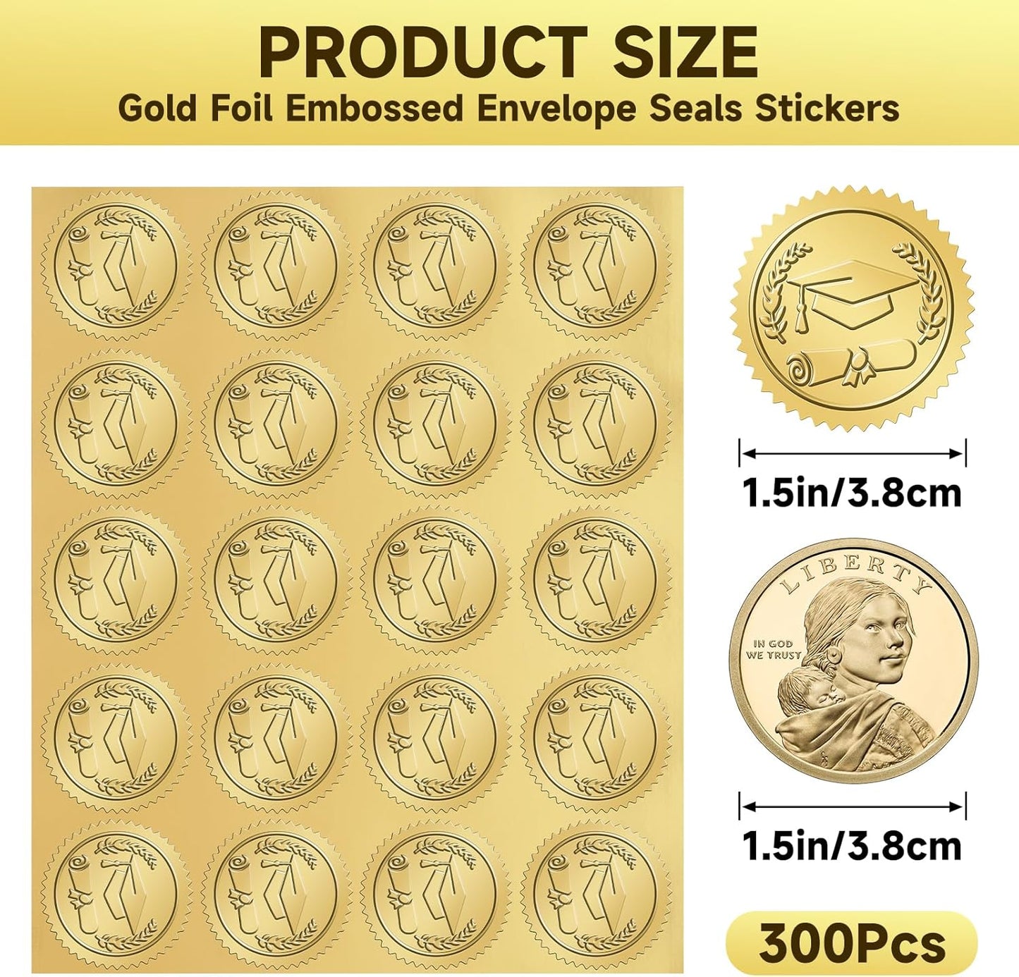 300Pcs Graduation Stickers 2026 - Gold Foil Embossed Graduation Cap Hat Stickers 1.5In Class of 2026 Stickers Self-Adhesive Graduation Envelope Seal Sticker for Certificate Envelope Card Party
