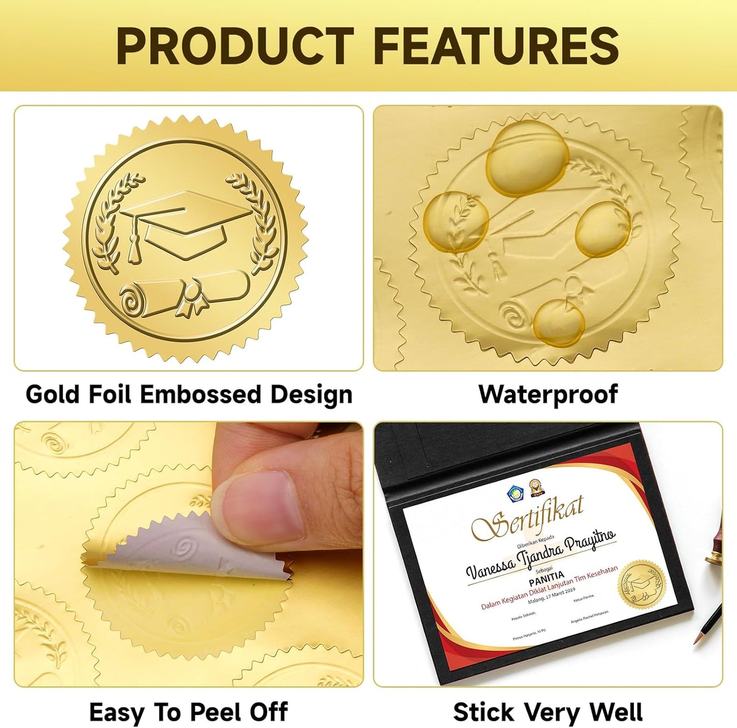 300Pcs Graduation Stickers 2026 - Gold Foil Embossed Graduation Cap Hat Stickers 1.5In Class of 2026 Stickers Self-Adhesive Graduation Envelope Seal Sticker for Certificate Envelope Card Party