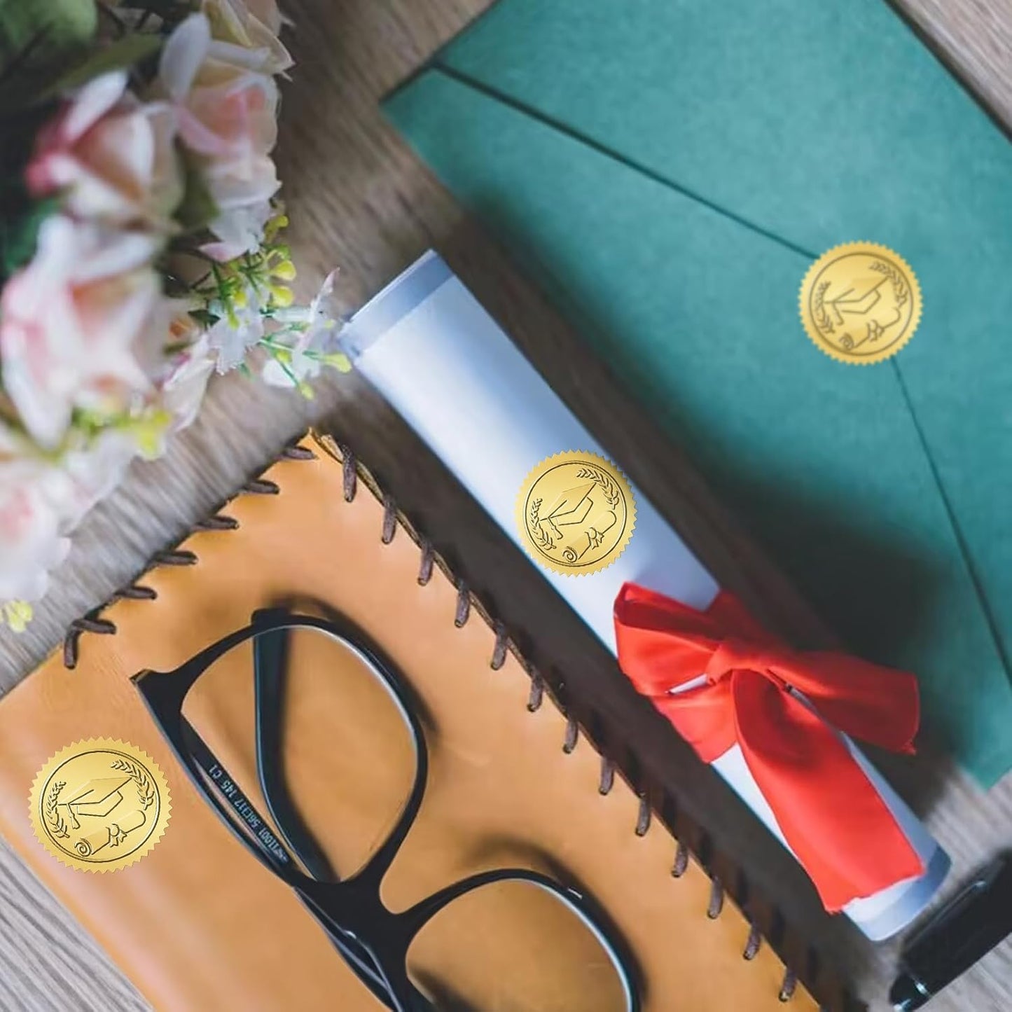 300Pcs Graduation Stickers 2026 - Gold Foil Embossed Graduation Cap Hat Stickers 1.5In Class of 2026 Stickers Self-Adhesive Graduation Envelope Seal Sticker for Certificate Envelope Card Party