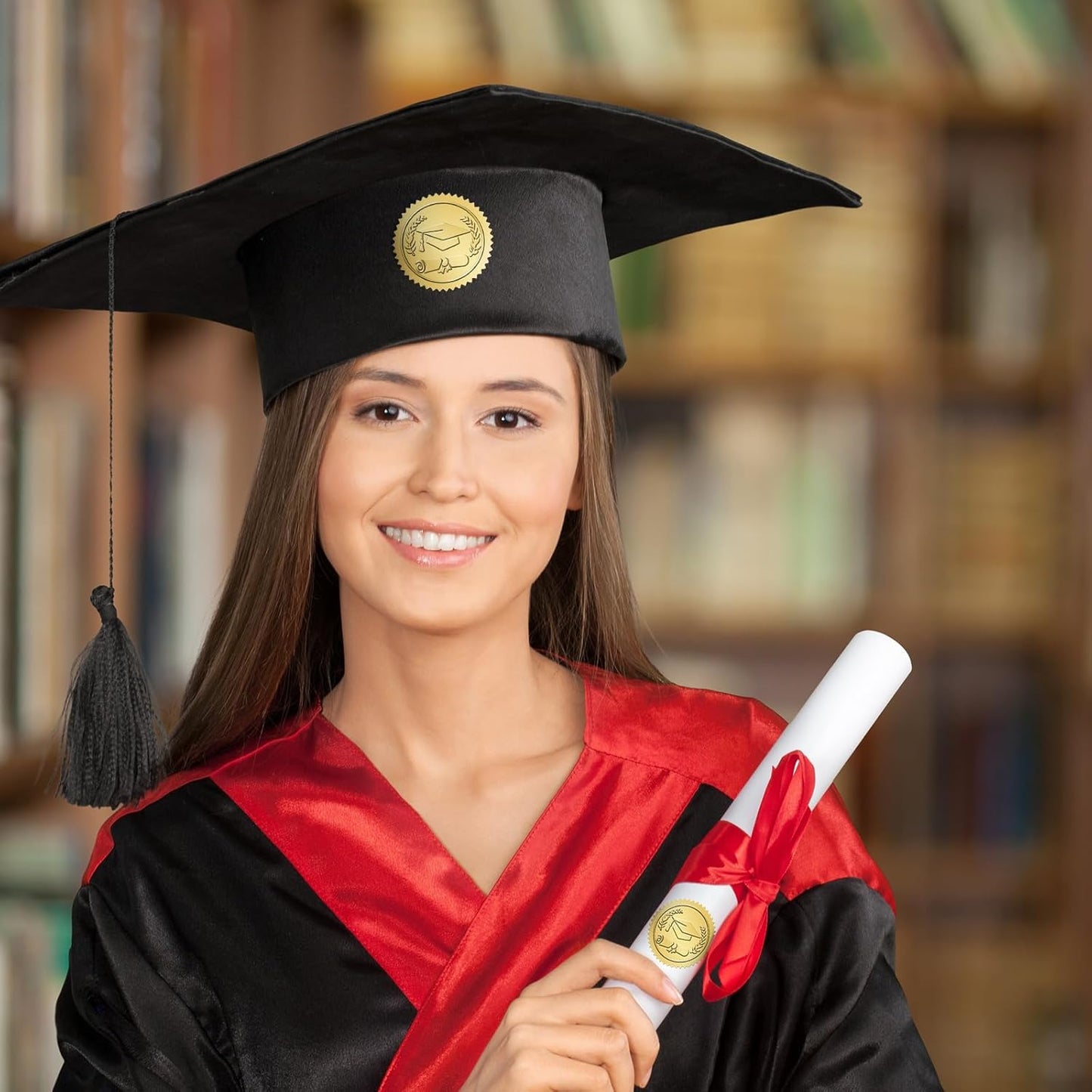 300Pcs Graduation Stickers 2026 - Gold Foil Embossed Graduation Cap Hat Stickers 1.5In Class of 2026 Stickers Self-Adhesive Graduation Envelope Seal Sticker for Certificate Envelope Card Party