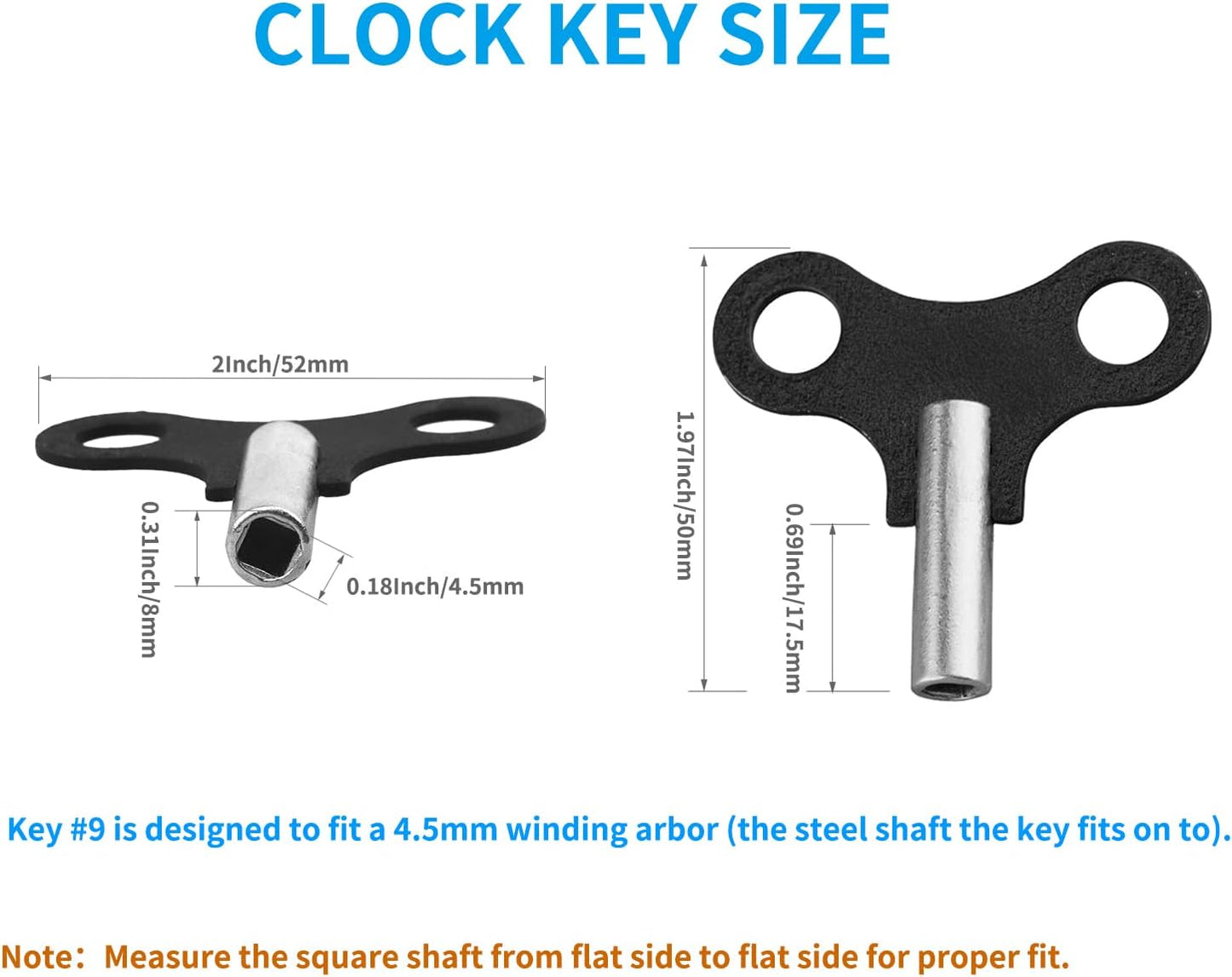 2 Pack Clock Winding Key #9 4.5mm, Antique Clock Winding Key Set for Wall Clocks, Alarm Clocks and Wind Chain Repair (4.5mm & 0.177 Inch Hole)