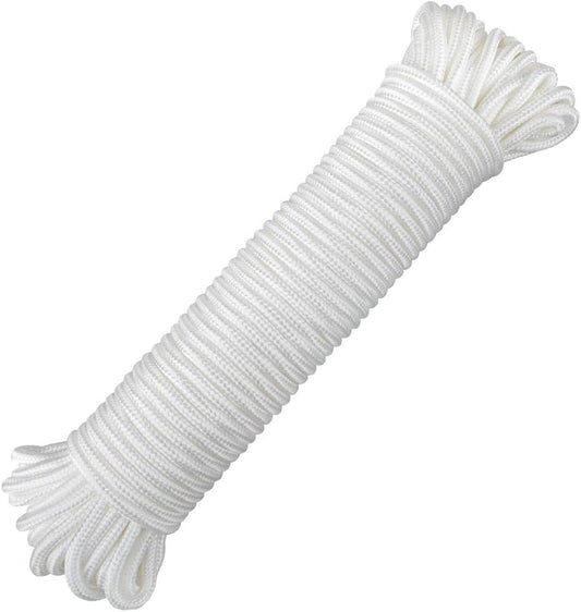 Nylon Rope - 100 Ft White Nylon String, 1/4 Inch Solid Braided Rope, Thick Washing Line for Multi-Purpose Tie Down, Clothesline, Gardening, Craft Projects