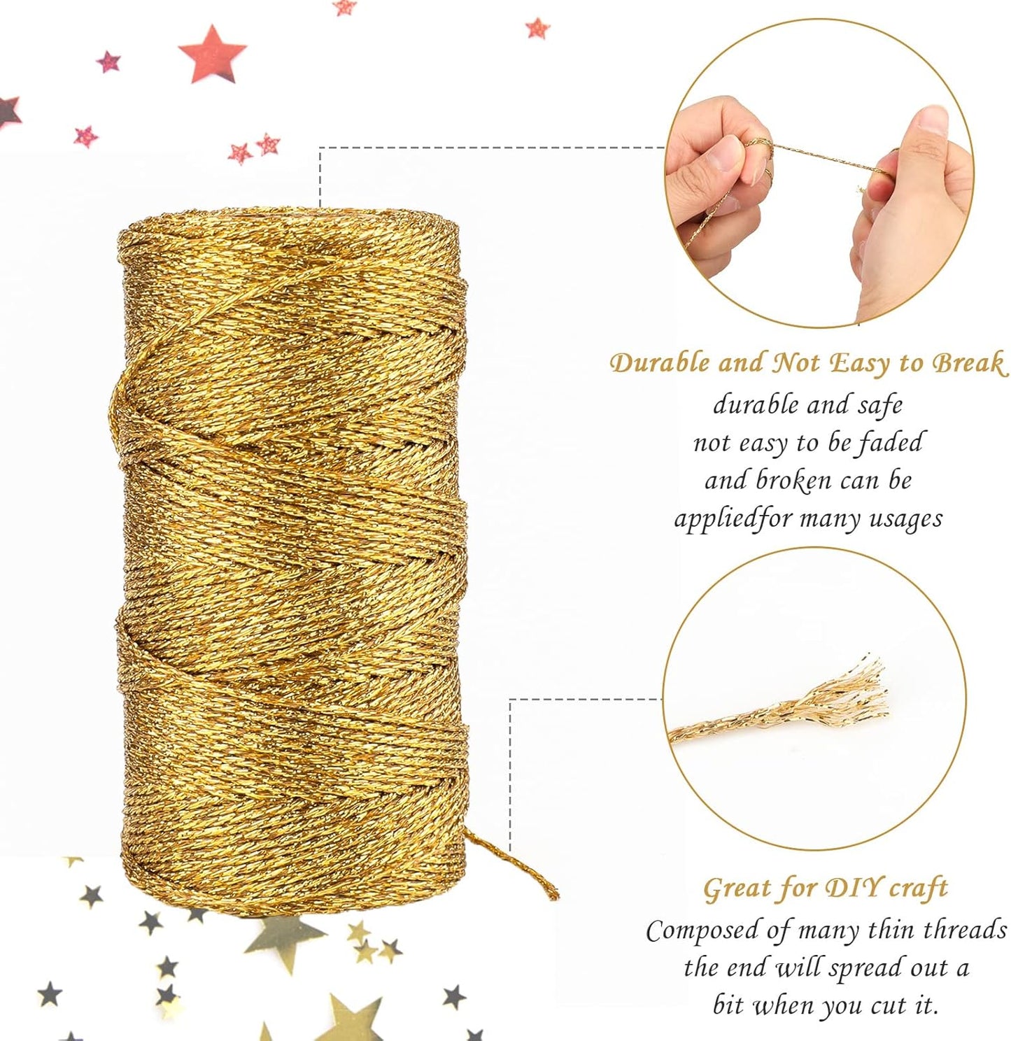 328 Feet Gold String Twine - 1.5mm Metallic Ornament Thread Gift Wrapping - Inelastic Macrame Glitter Gold Cord for Gift Wrapping, DIY Crafts, Bracelets