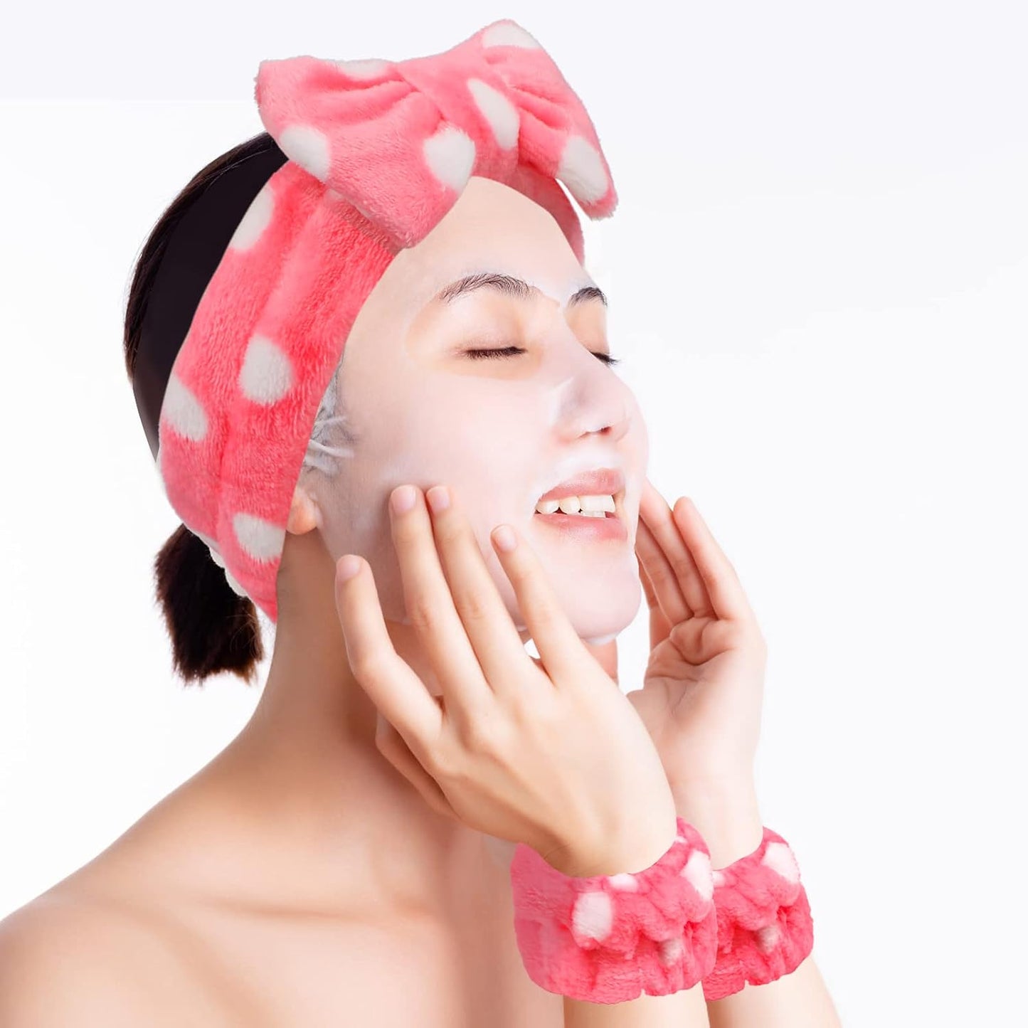 6 Pcs Face Wash Headband Wristband Set,Spa Headband Makeup Skincare Headbands Wrist Bands Scrunchies Bracelets for Washing Face (Pink white,Love)