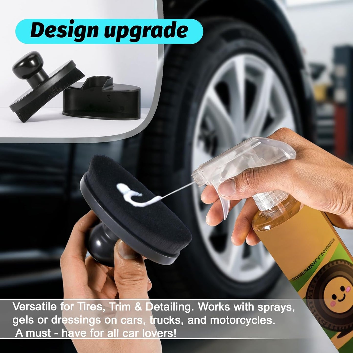 Tire Shine Brush - Curved Brush Head & Large 3.8'' Tire Dressing Applicator with Storage Stand for Automotive Detailing, Car Enthusiasts, DIY Users (Vegan, Washable, Black)