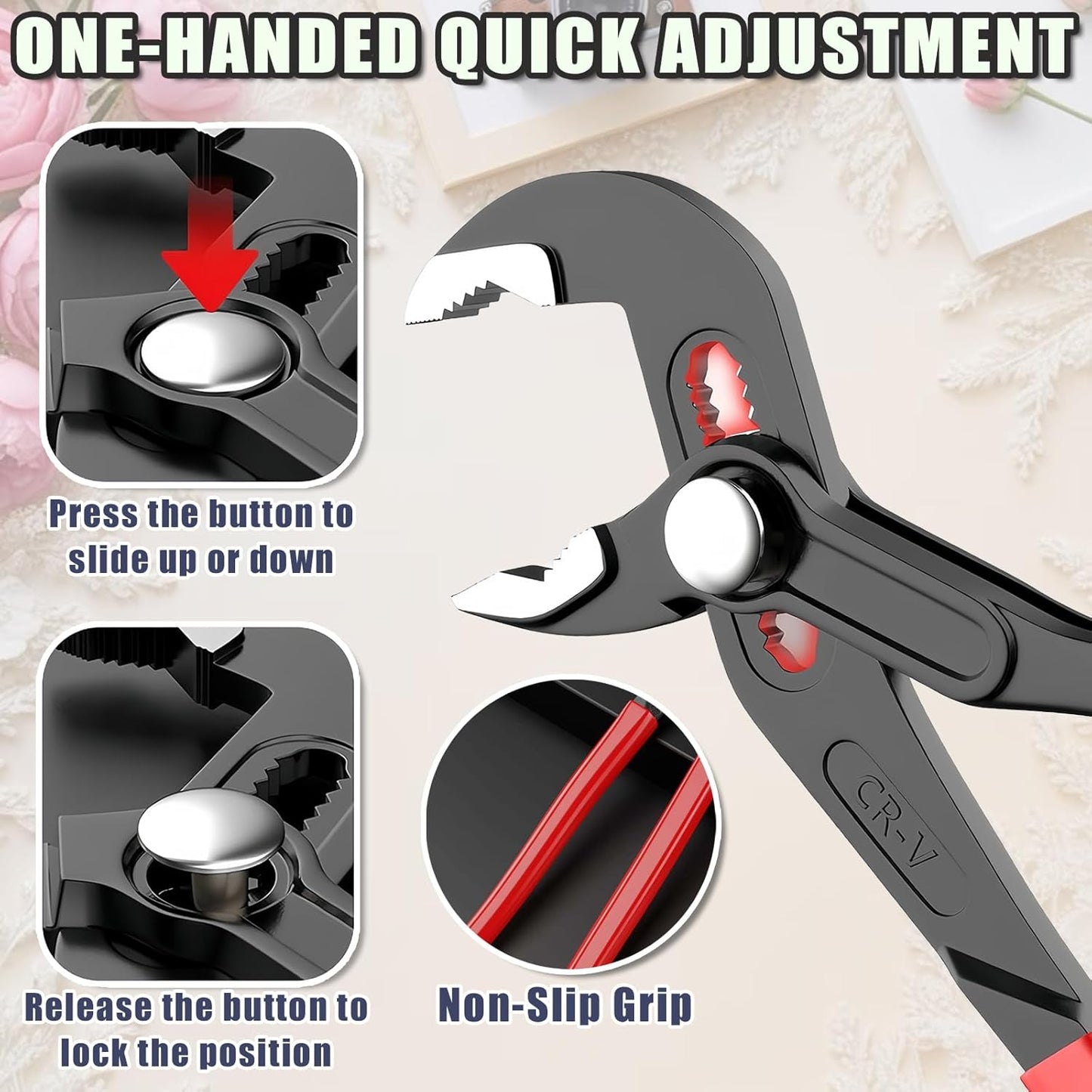 Adjustable Water Pump Pliers 10" Groove Joint Pliers V-Jaw Quick Adjust Tongue and Groove Pliers with Push-Lock and Cushion Grip Ideal for Tight Spaces Plumbing Cars and Home Repair (10 inch)