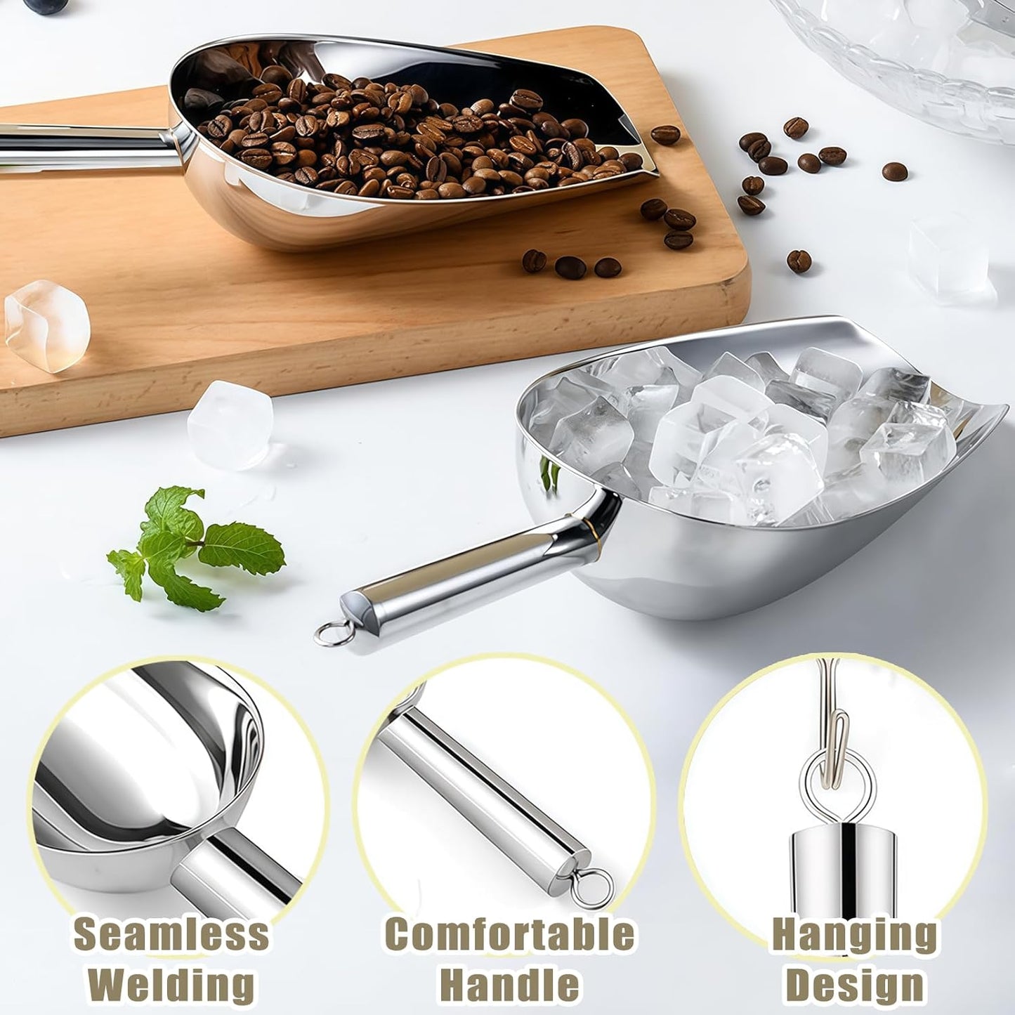 Ice Scoop for Freezer with Metal Hook Stainless Steel Ice Scooper for Ice Maker Metal Scooper for Kitchen Gadgets Cookie Flour Pet Dog Food Scoop Kitchen Bar Party Accessories (Silver-8oz)