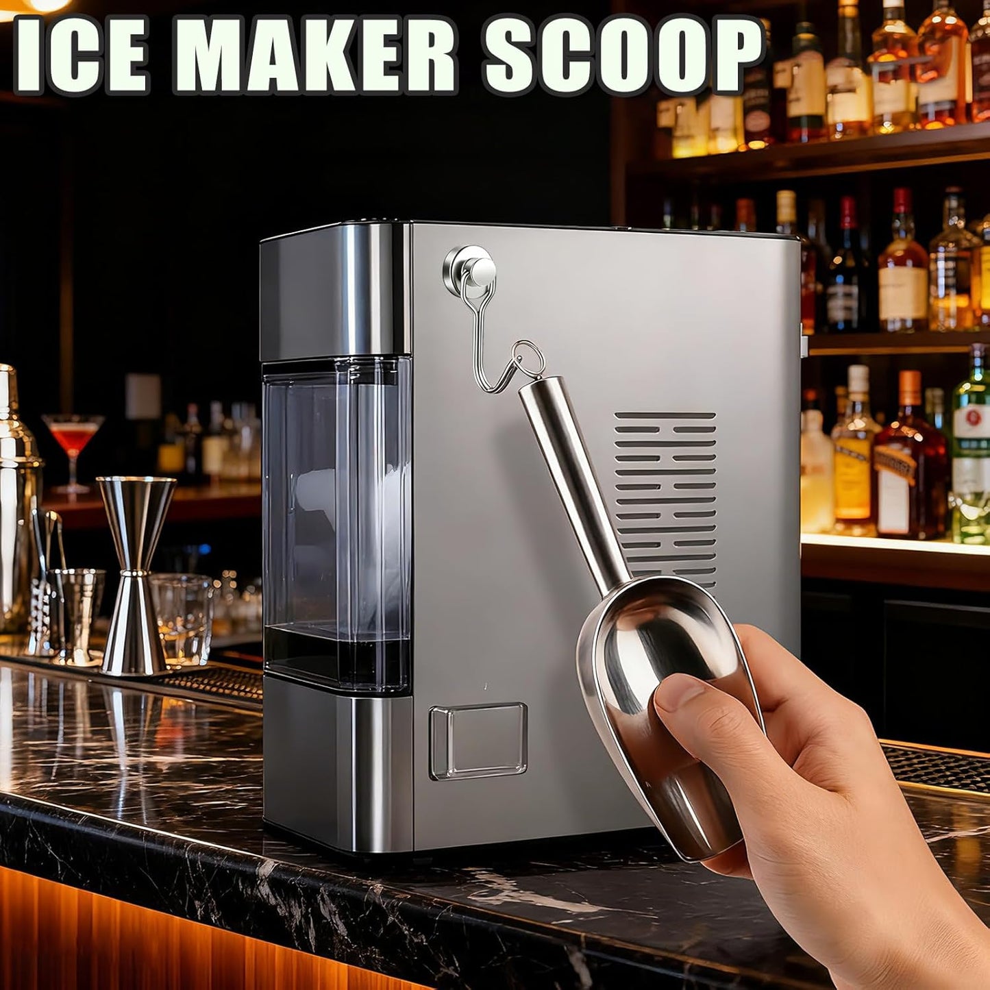 Ice Scoop for Freezer with Metal Hook Stainless Steel Ice Scooper for Ice Maker Metal Scooper for Kitchen Gadgets Cookie Flour Pet Dog Food Scoop Kitchen Bar Party Accessories (Silver-8oz)