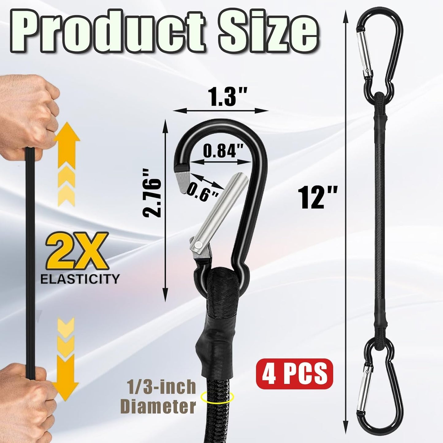 4 Pack Bungee Cords with Carabiner Outdoor Climbing Bounce Rope Elastic Tie Down Straps with Hooks Mini Short Bungee Straps Dual-Hook Design for Tents Cargo Kayak Boat Luggage (Black-12)
