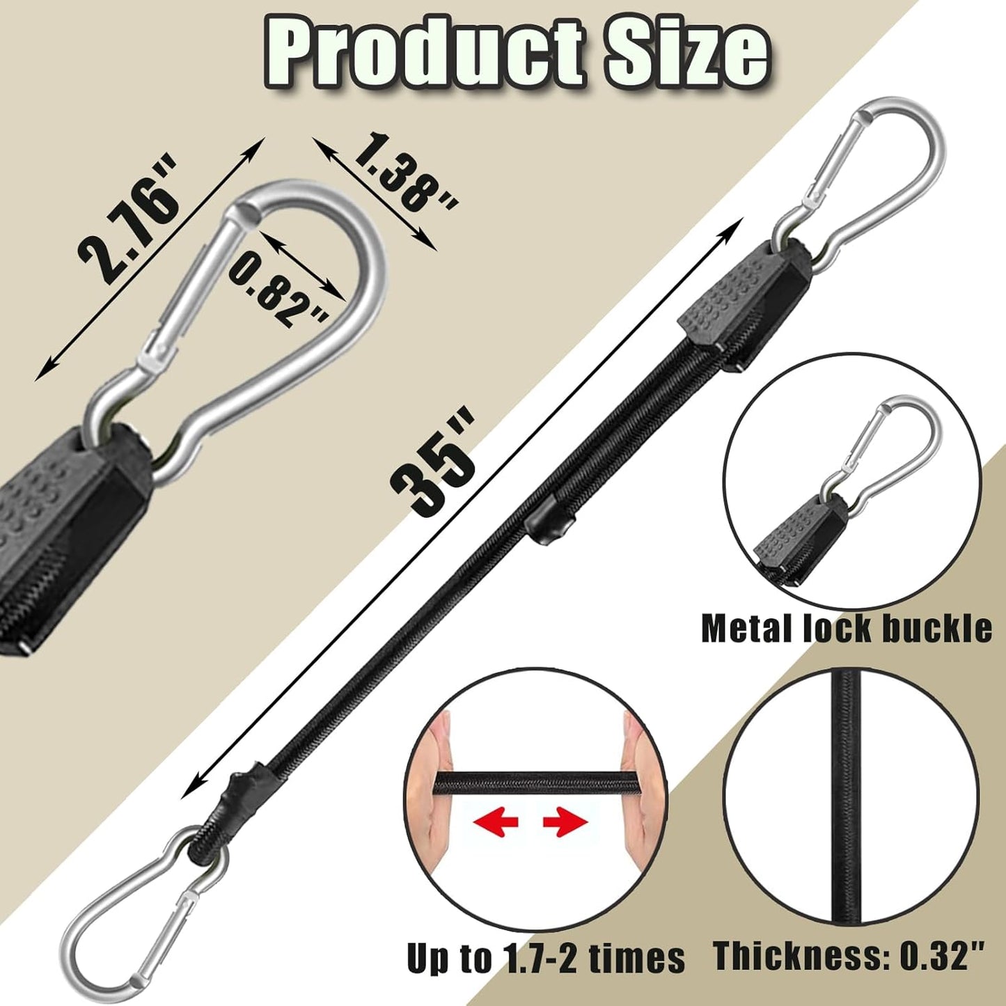 4 Pack 40 Inch Adjustable Carabiner Bungee Cords with Hooks Easy to Adjust from 35" to 60" Black Extra Strong Elastic Rope Outdoor Heavy Duty Bungee Straps for Camping Tarps Bike Rack Tent