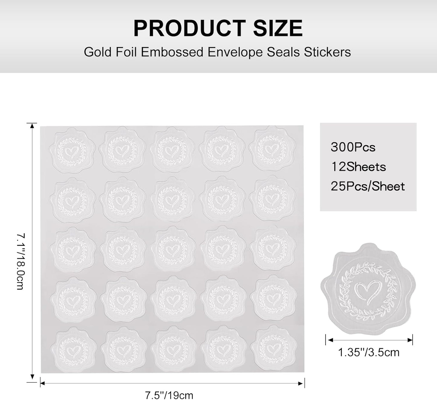 Heart Envelope Seals, Silver Embossed Wax Seal Looking, 300Pcs Wedding Envelope Stickers, Self-Adhesive Silver Foil Stamps for Wedding Invitation Card Bridal Shower Party Favors
