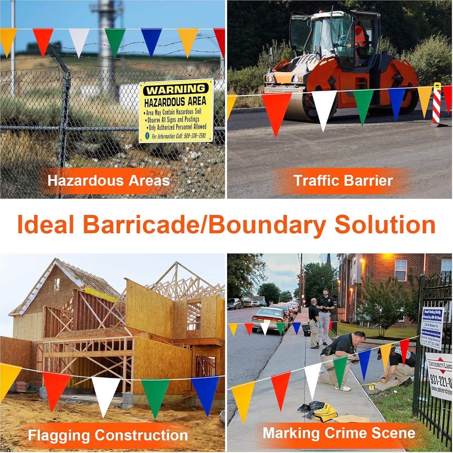 Safety Banner Flags, Perimeter Warning Flag Line, For Flagging Construction/Traffic Barrier/Parking Lot/Rooftop/Party & Special Events Multicolor 7" X 10" Pennants On 50' String