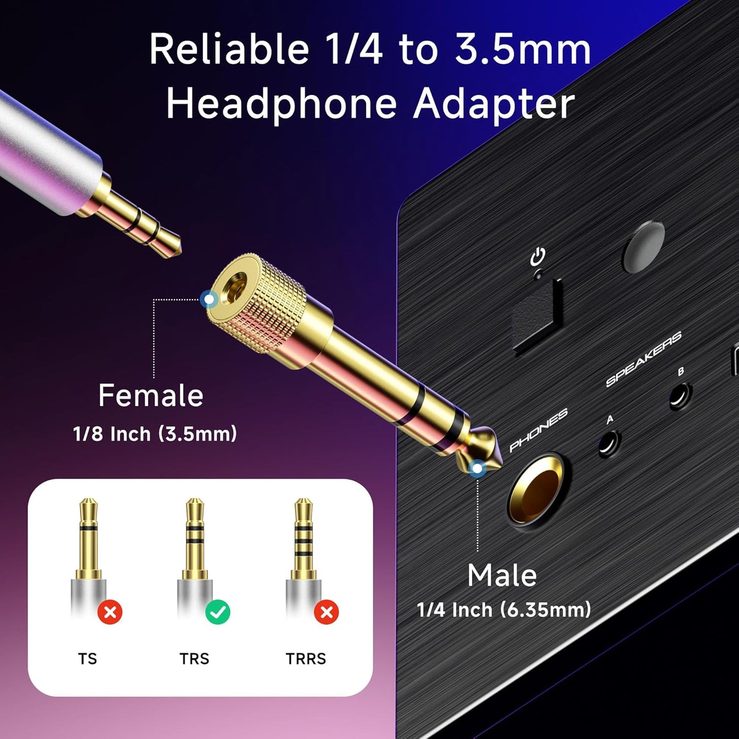 5-Pack 1/4 to 1/8 Headphone Adapter, 6.35mm to 3.5mm Adapter Male to Female, Gold Plated Stereo Headphone 3.5mm to 1/4 Converter