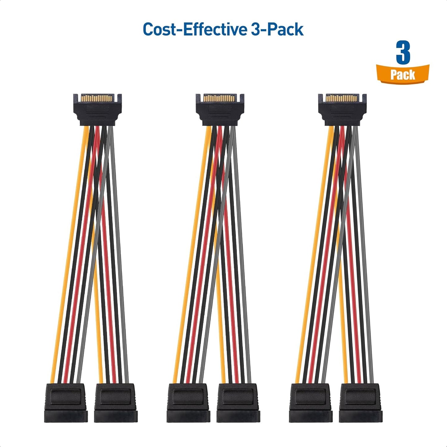 3-Pack 15 Pin SATA Power Splitter Cable - 8 Inches, SATA Power Y-Splitter Cable