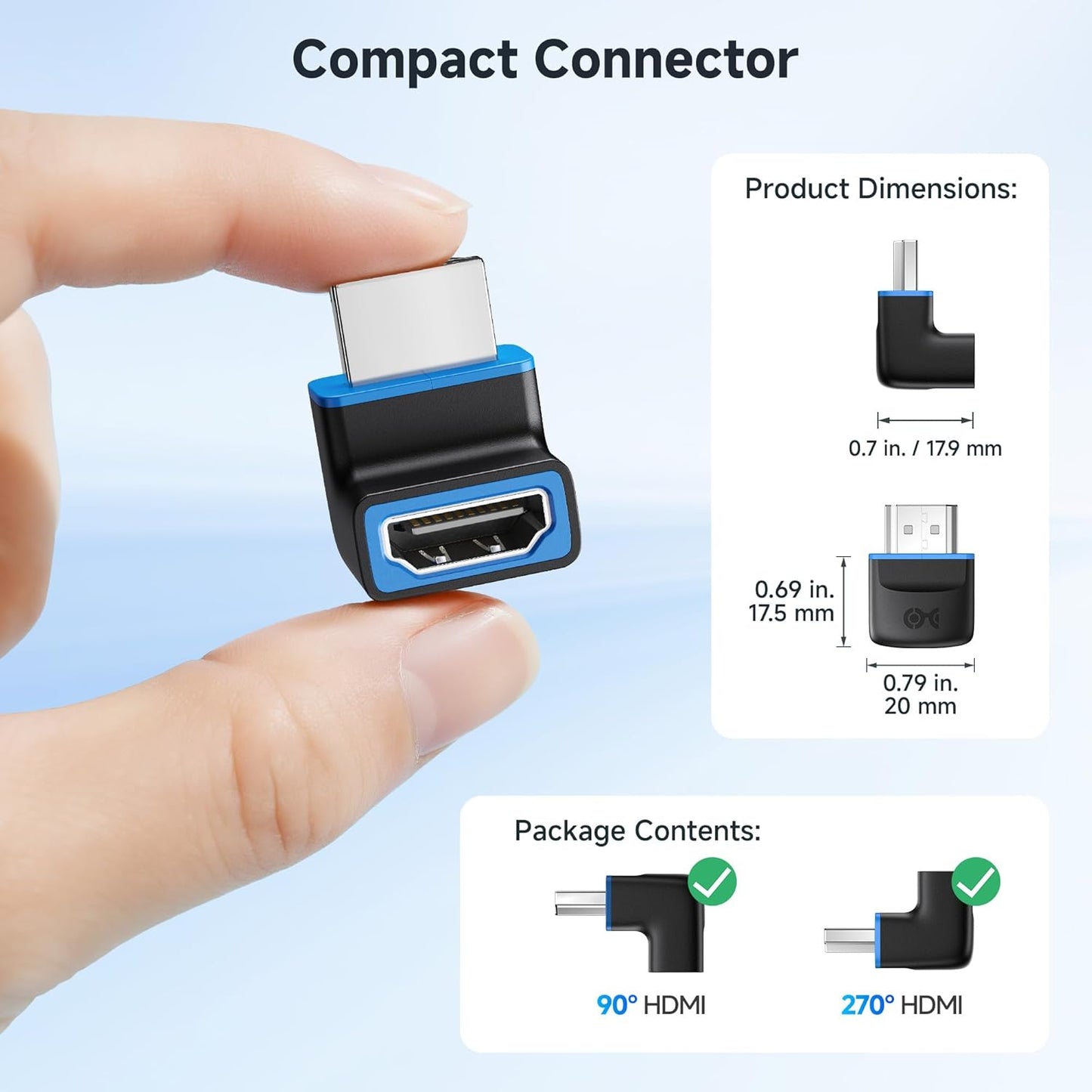 Combo-Pack 48Gbps 8K Right Angle HDMI 2.1 Adapters with HDR, Supports 8K@60Hz / 4K@240Hz, 270 Degree and 90 Degree HDMI Adapter Male to Female, Black