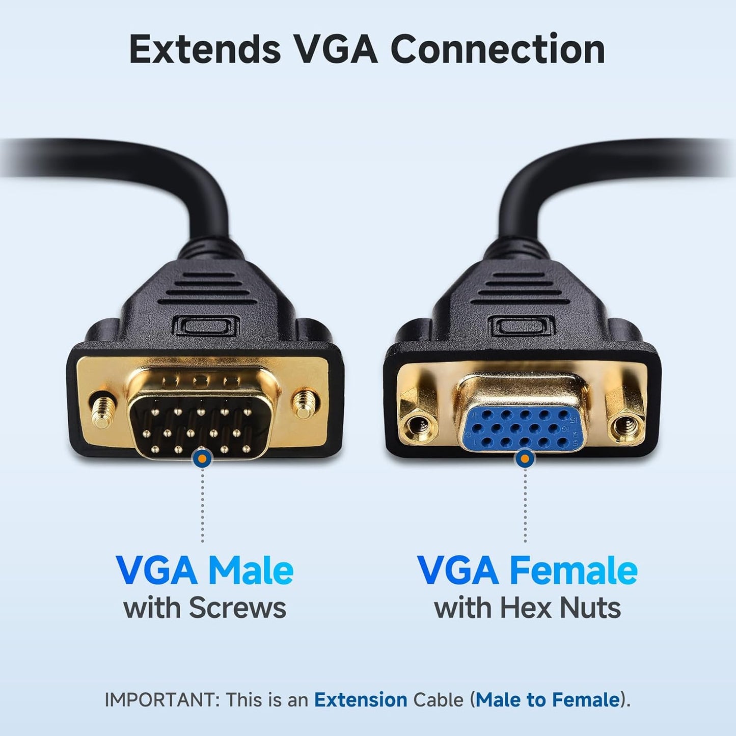 VGA Extension Cable (VGA Cable Male to Female) - 6 Feet, Not Dual Male Cord, Not for DB9/Serial Use