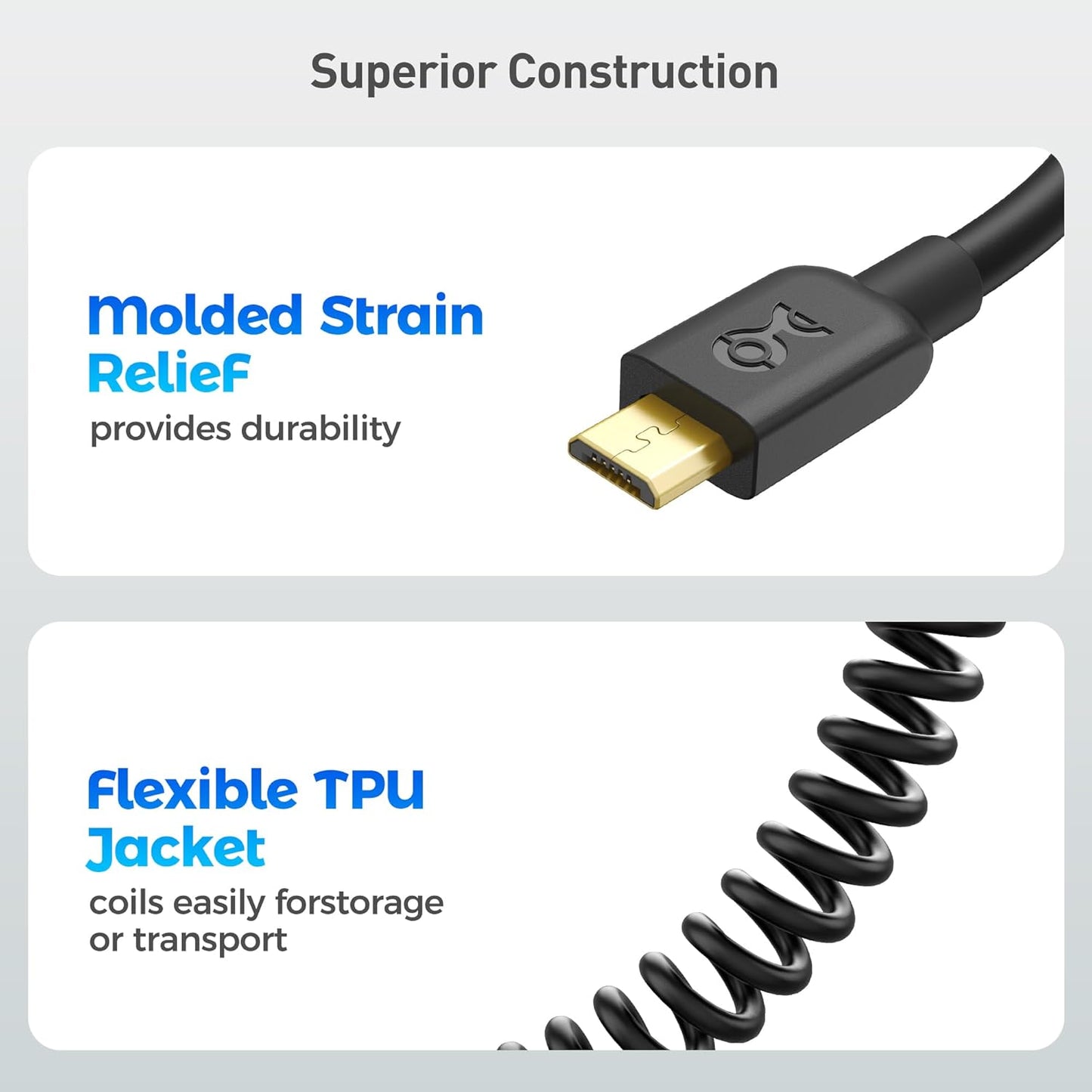 2-Pack Coiled Micro USB Cable (Coiled Micro USB to USB2.0) 2-4 Feet