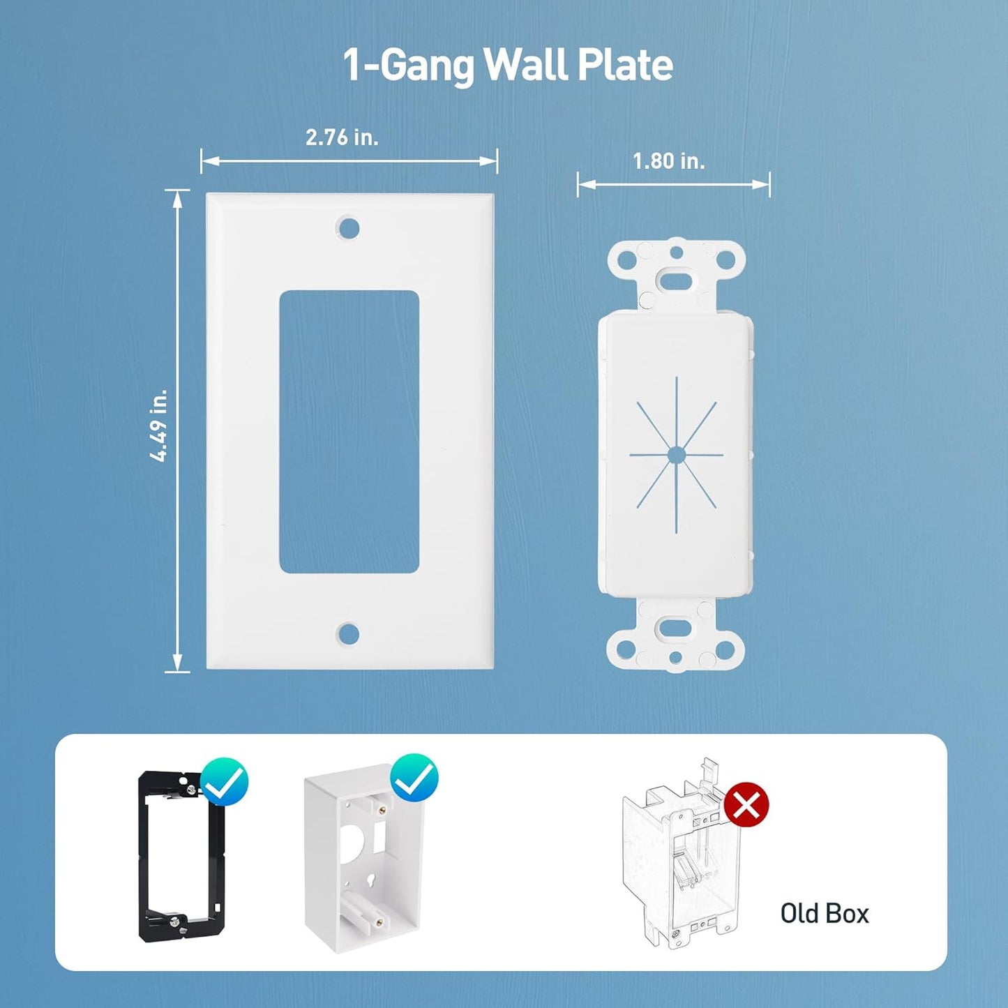 2-Pack 1-Gang Wall Cable Pass Through, Cable Wall Plate with Flexible Rubber Grommet, Cord Hiding/Management Solution for Home and Office, White